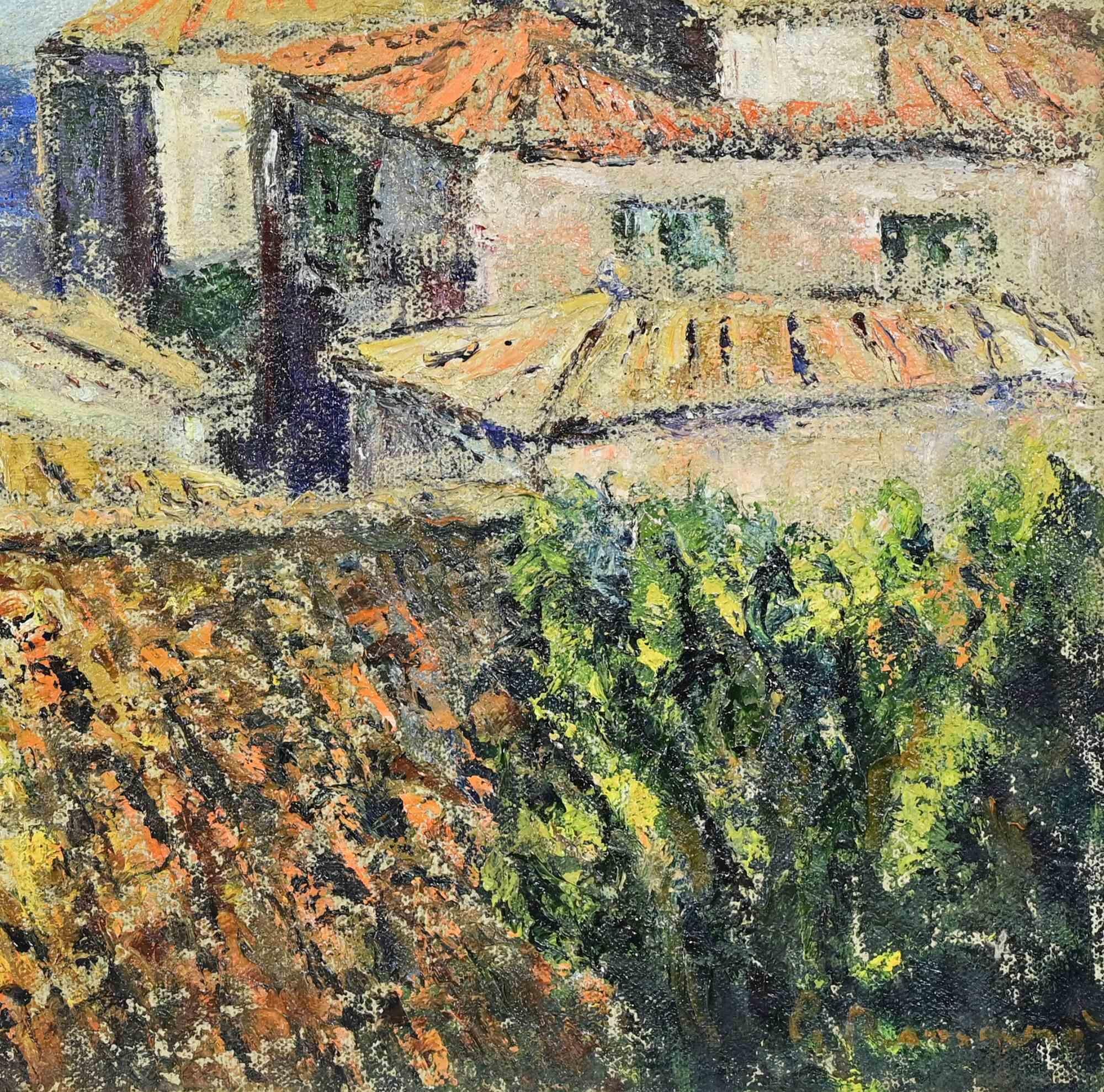 Dächer vor dem Meer - Ölgemälde von Pino Romanò - 1990er Jahre im Angebot 1