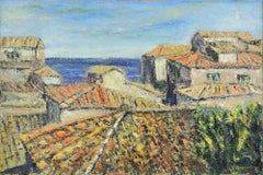 Tejados frente al mar - Pintura al óleo de Pino Romanò - Años 90