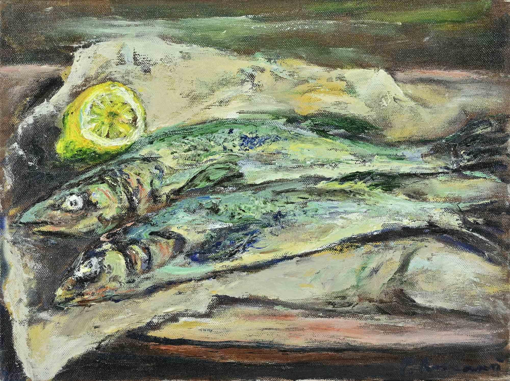 Still Life with Fishes and Lemon - Oil Paint by Pino Romanò - 1990s For Sale 1