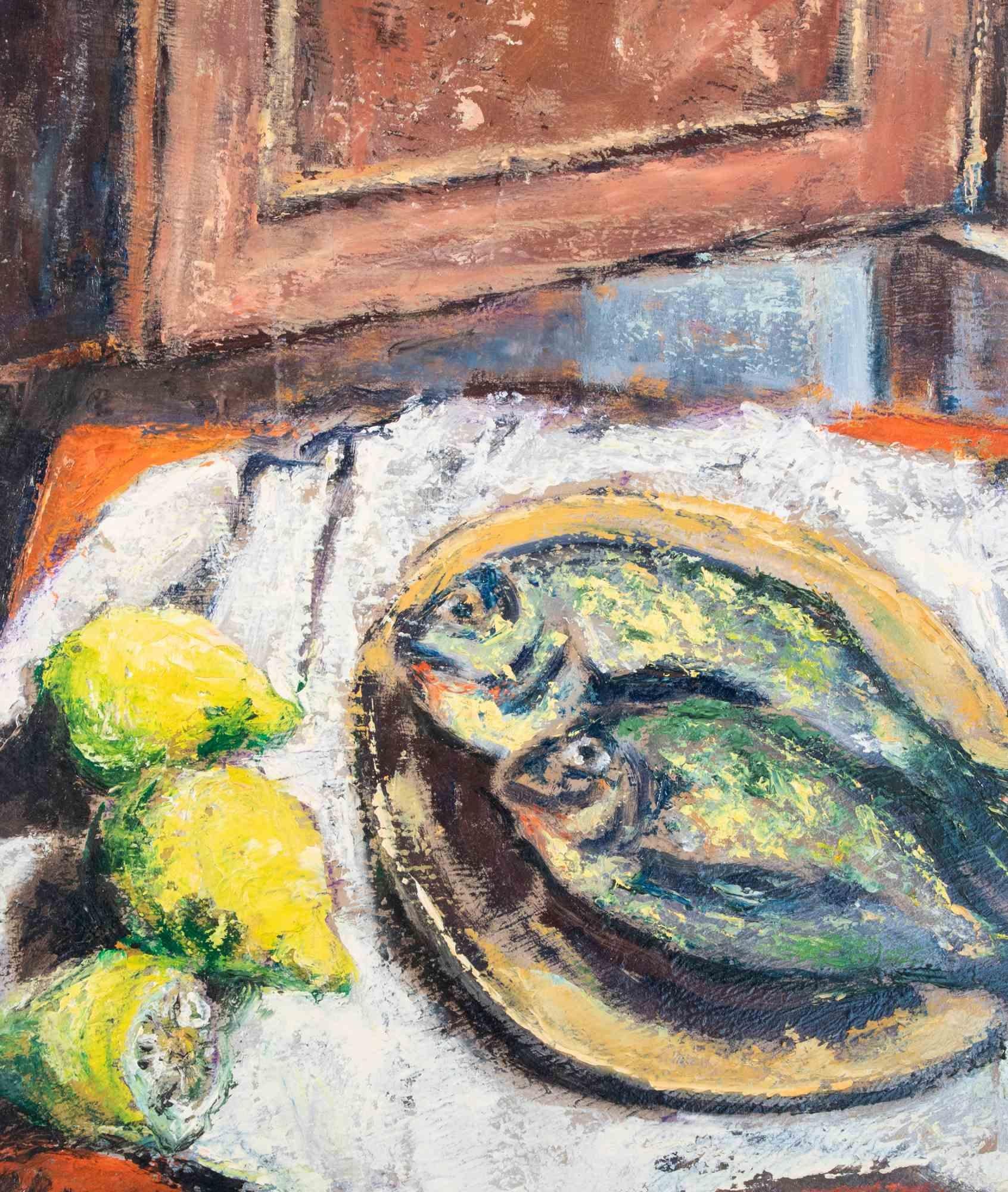 Still Life with Fishes and Lemons - Oil Paint by Pino Romanò - 1990s For Sale 1
