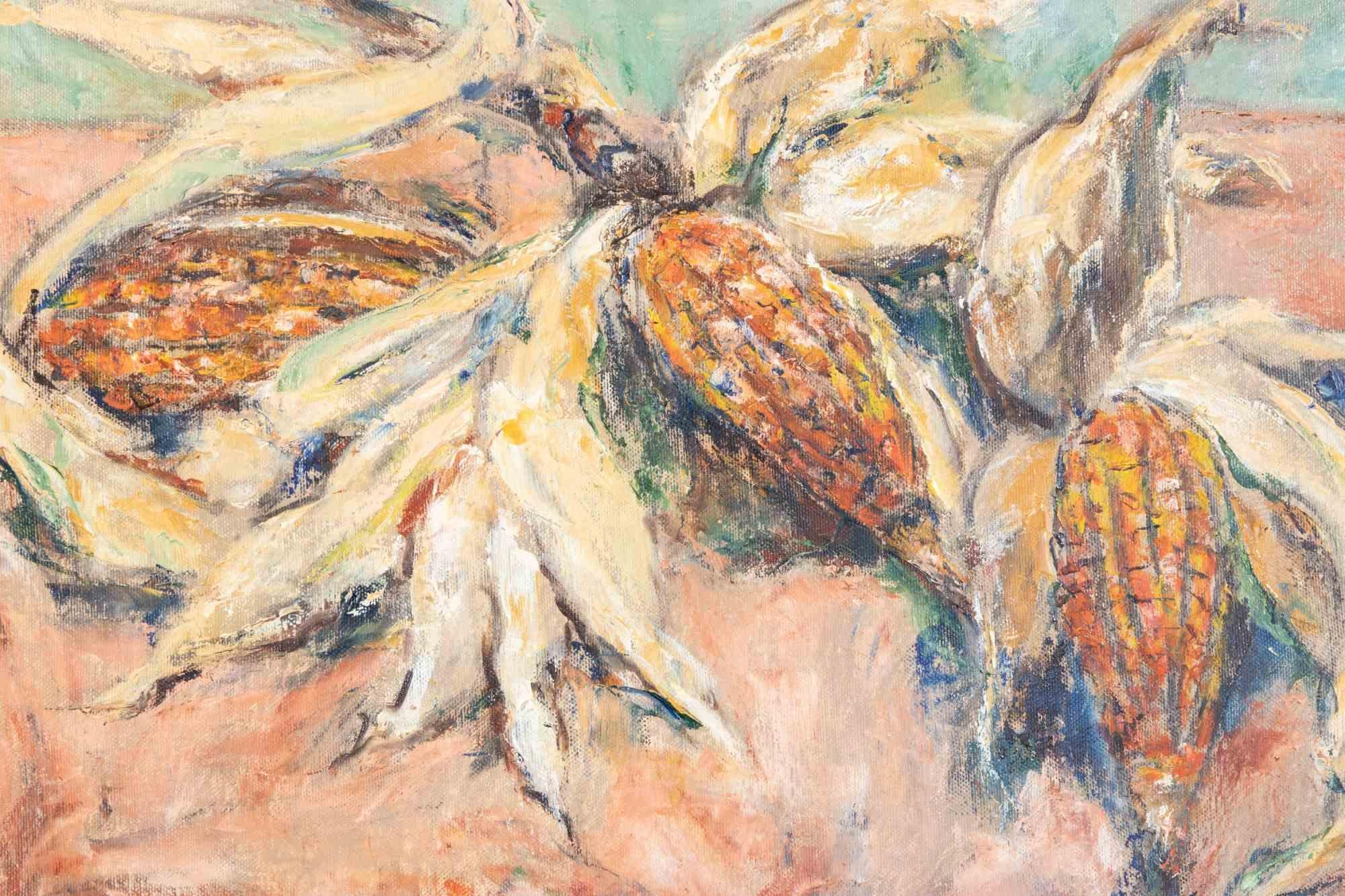 Natura morta con tre pannocchie di mais - Pittura ad olio di Pino Romanò - Anni '90 in vendita 1