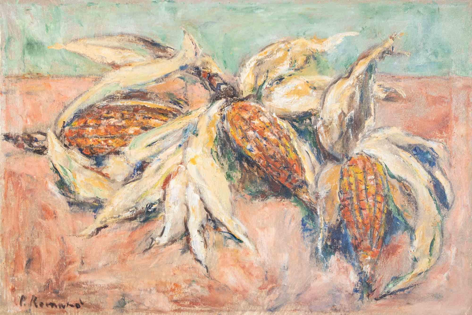 Natura morta con tre pannocchie di mais - Pittura ad olio di Pino Romanò - Anni '90