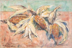 Natura morta con tre pannocchie di mais - Pittura ad olio di Pino Romanò - Anni '90