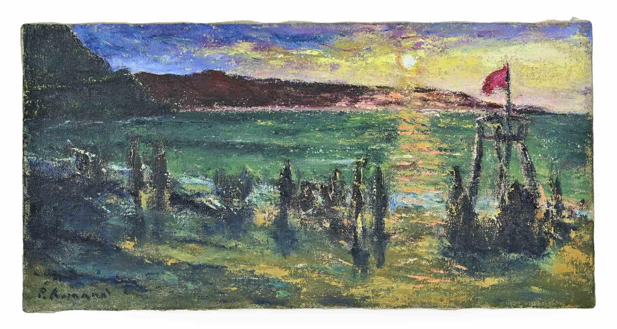 Sunset on the Beach - Oil Paint by Pino Romanò - 1990s For Sale 2