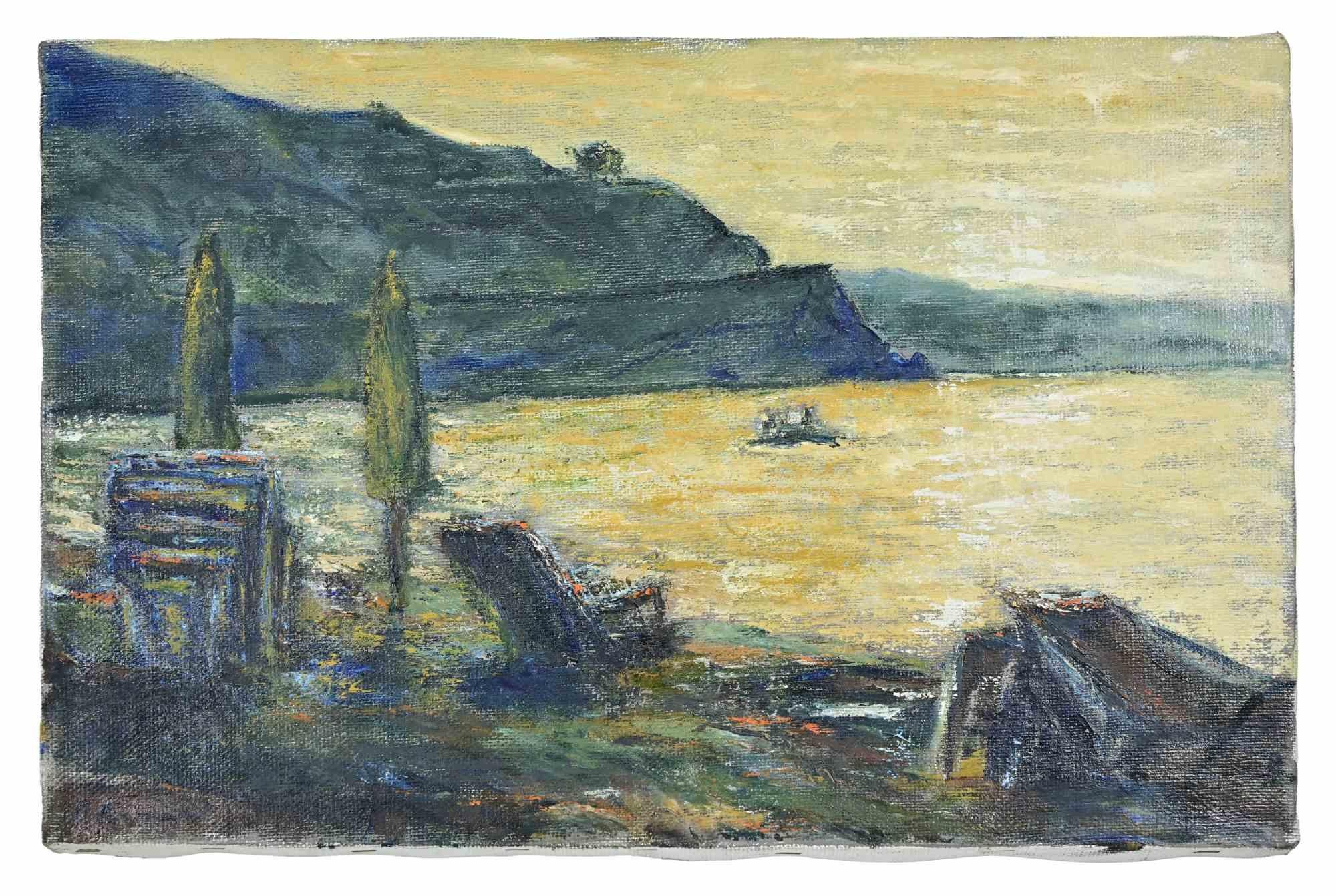Puesta de sol en la playa - Pintura al óleo de Pino Romanò - 1998 en venta 2