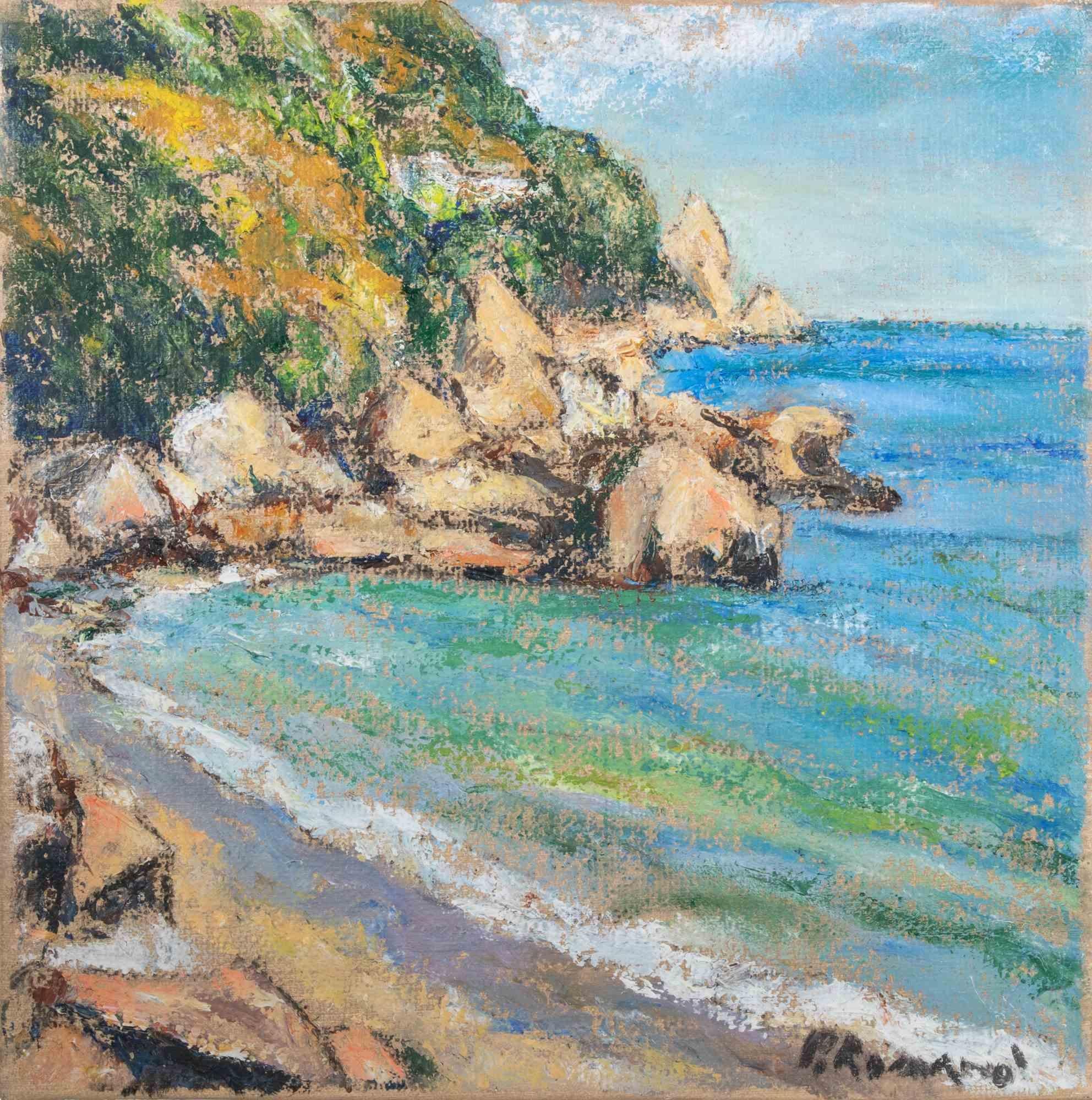 The Cliff at Punta Pacì (Calabria) - Oil Paint by Pino Romanò - 1990s For Sale 1