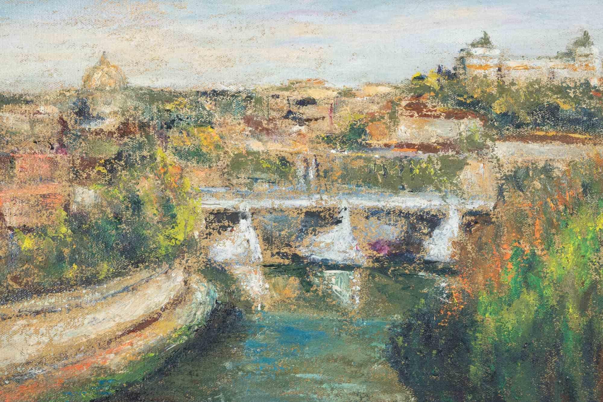 Il Tevere da Hille Aventino (Roma) - Dipinto a olio di Pino Romanò - Anni '90 in vendita 1