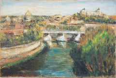 El Tíber desde las colinas de Aventino (Roma) - Pintura al óleo de Pino Romanò - Años 90