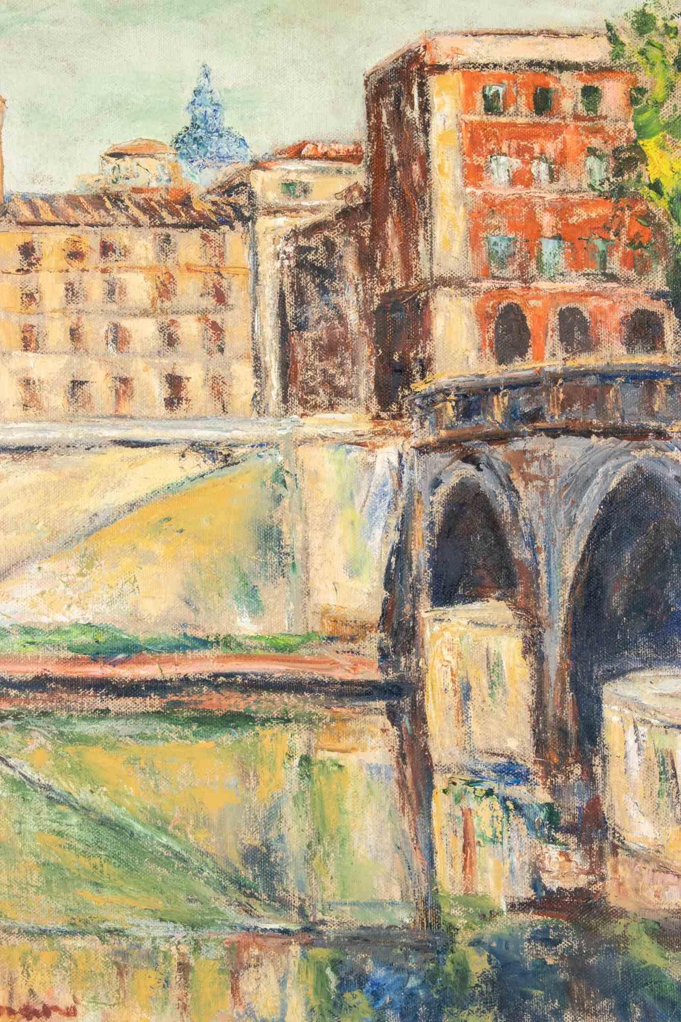 Blick auf Ponte Sisto - Ölgemälde von Pino Romanò - 1999 im Angebot 1