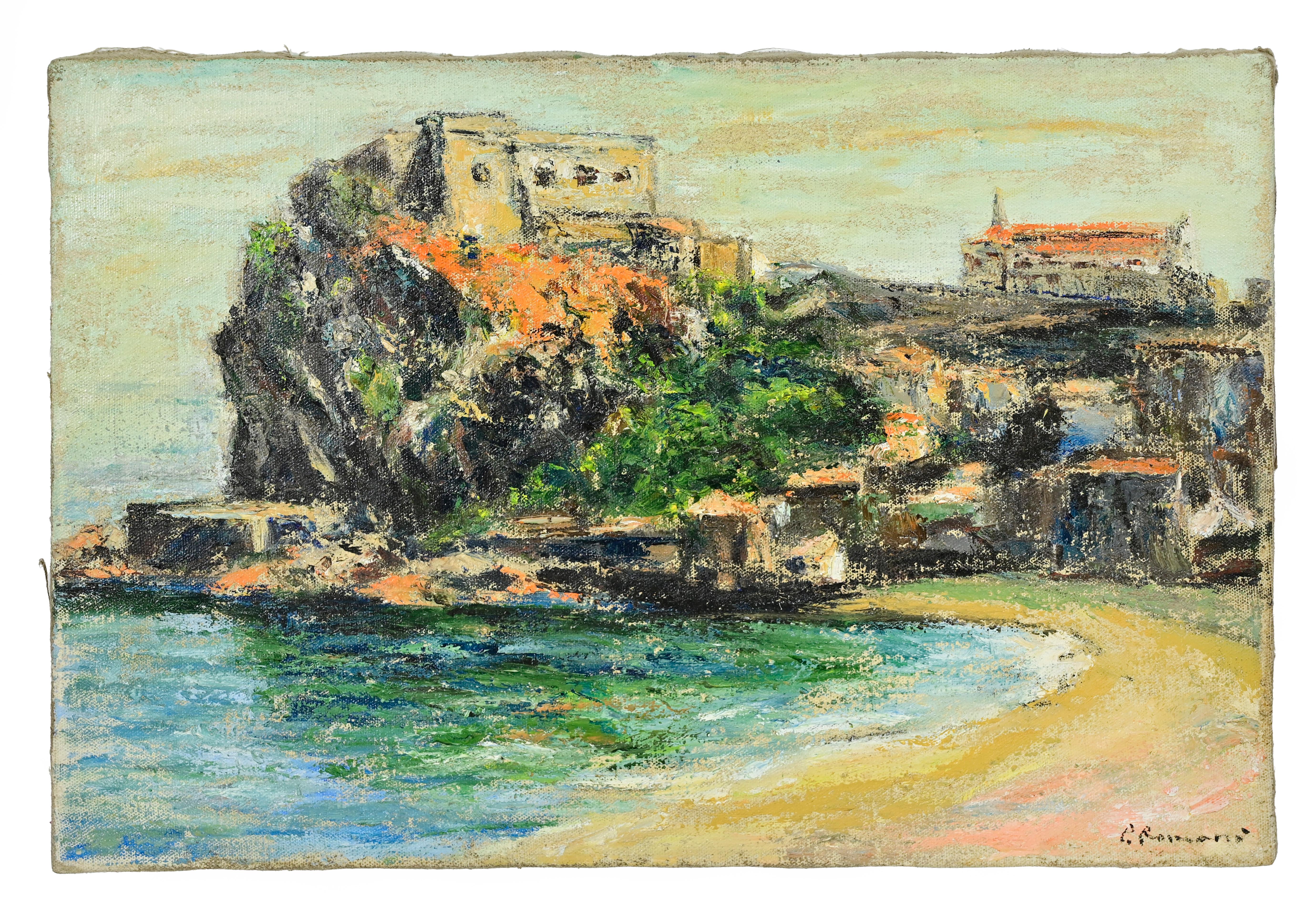 Vista de Scilla - Pintura al óleo de Pino Romanò - Años 90