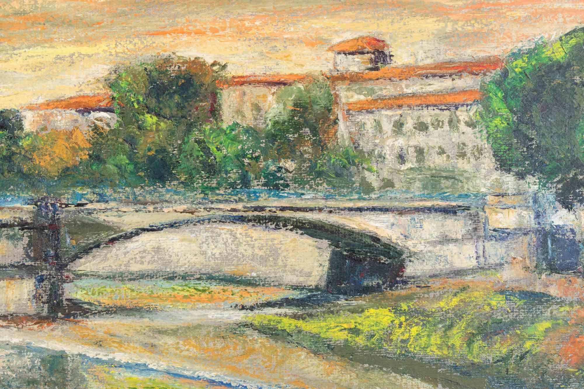 View of the Tiber (Rome) - Oil Paint by Pino Romanò - 1990s For Sale 1