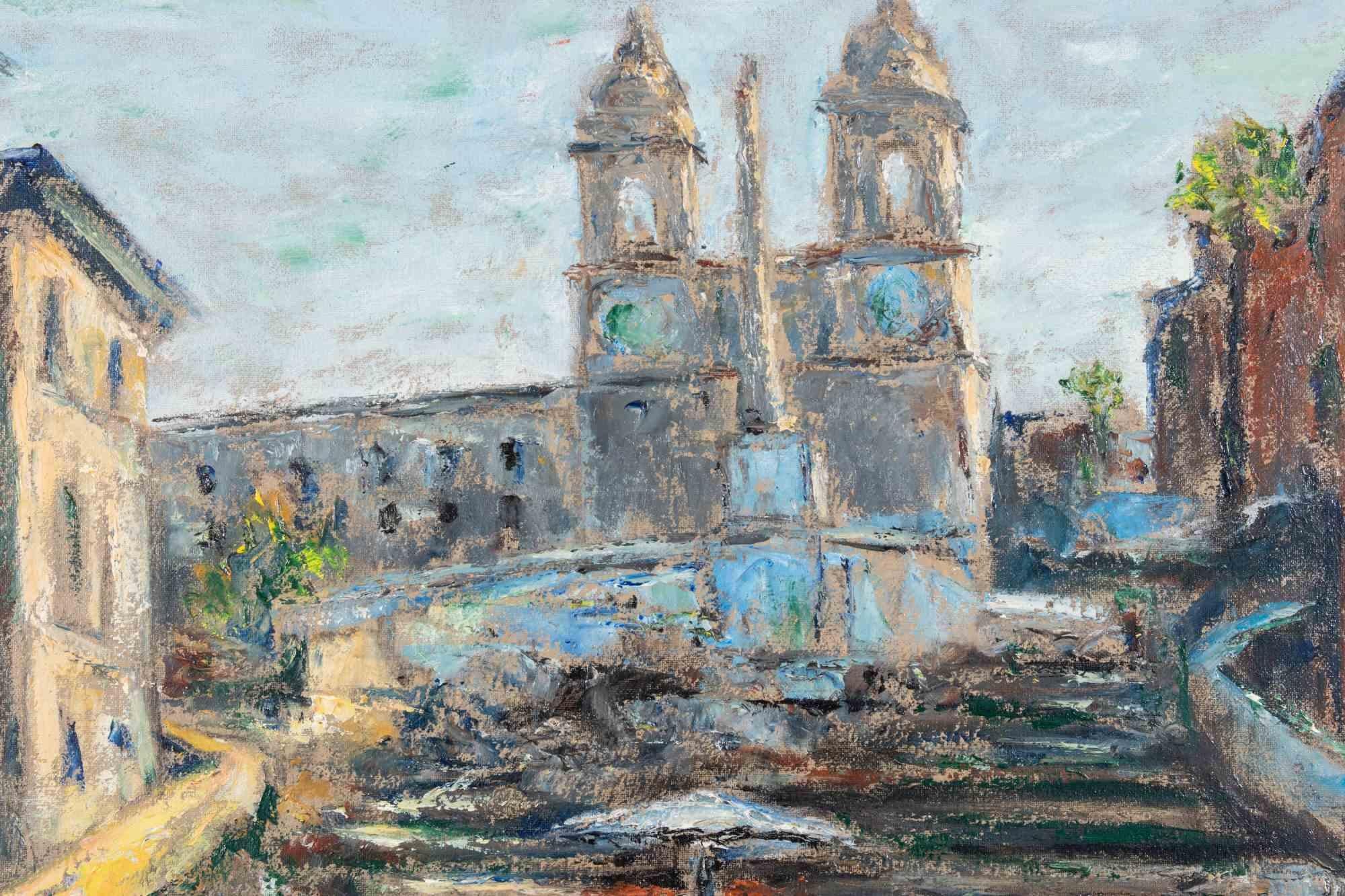 View of Trinità dé Monti - Rome - Oil Paint by Pino Romanò - 1990s For Sale 1