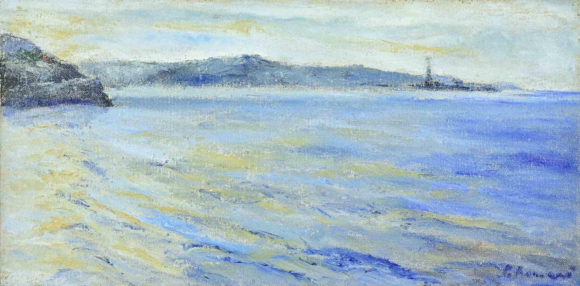Pomeriggio d'inverno sullo Stretto di Messina - Dipinto a olio di Pino Romanò - Anni '90
