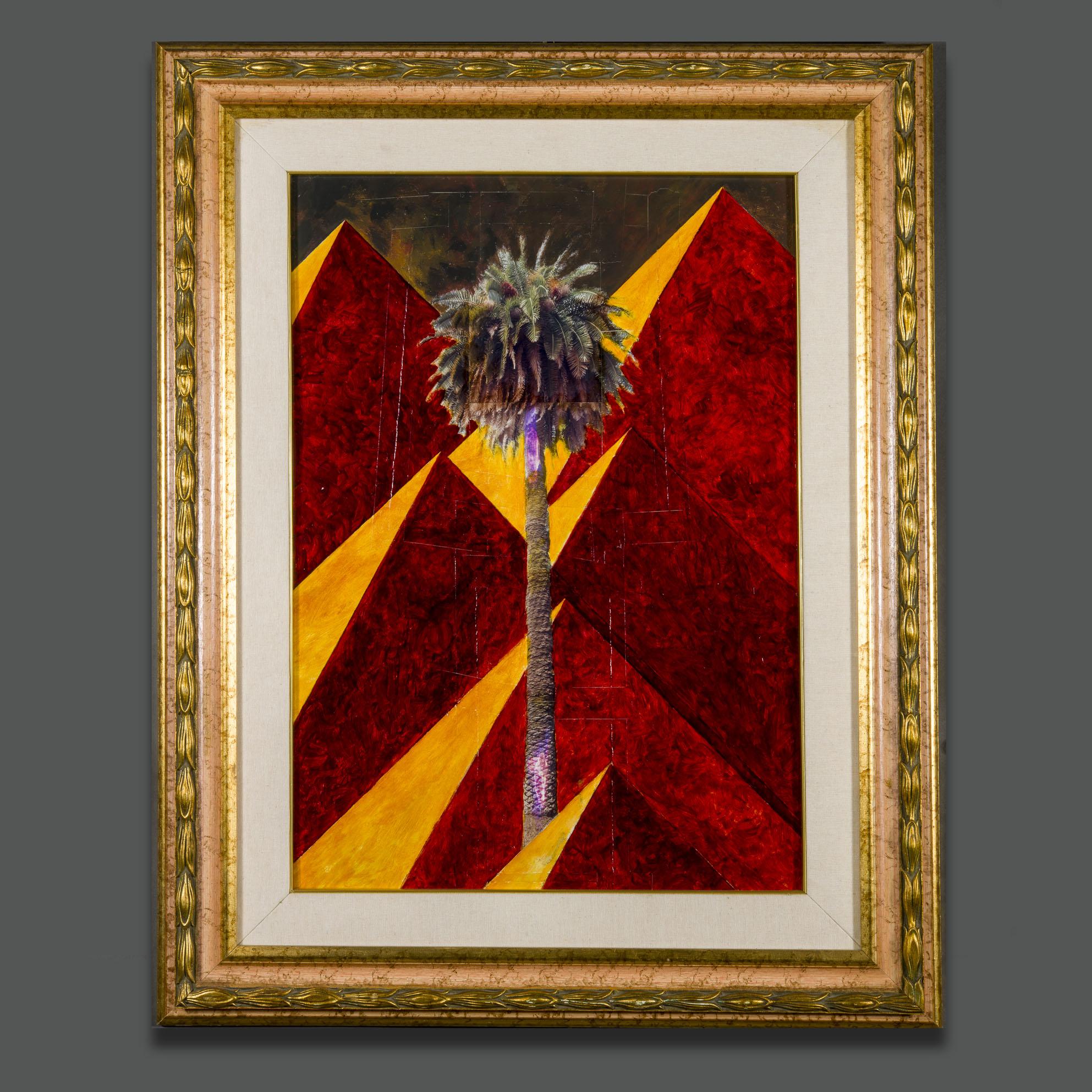 Contemporary Signed Pyramids and a Palm Tree Mixed Media Painting