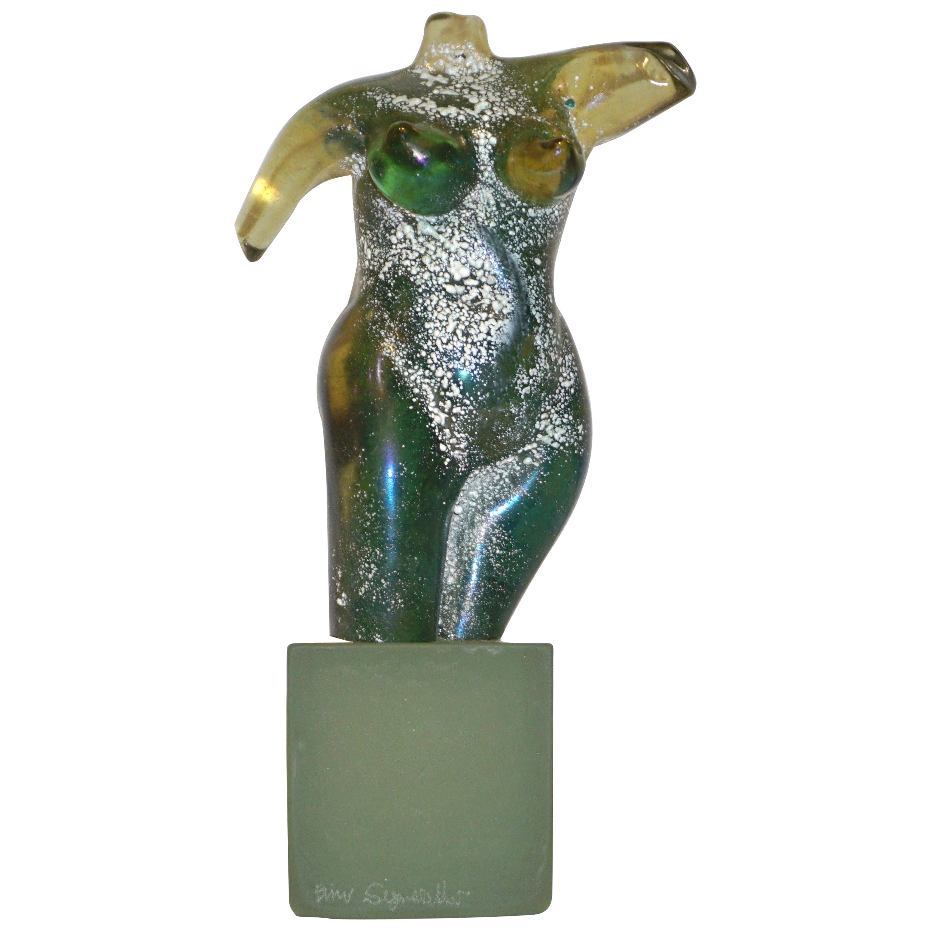 Pino Signoretto 1970s Italian Seafoam Green Scavo Murano Glass Nude Sculpture