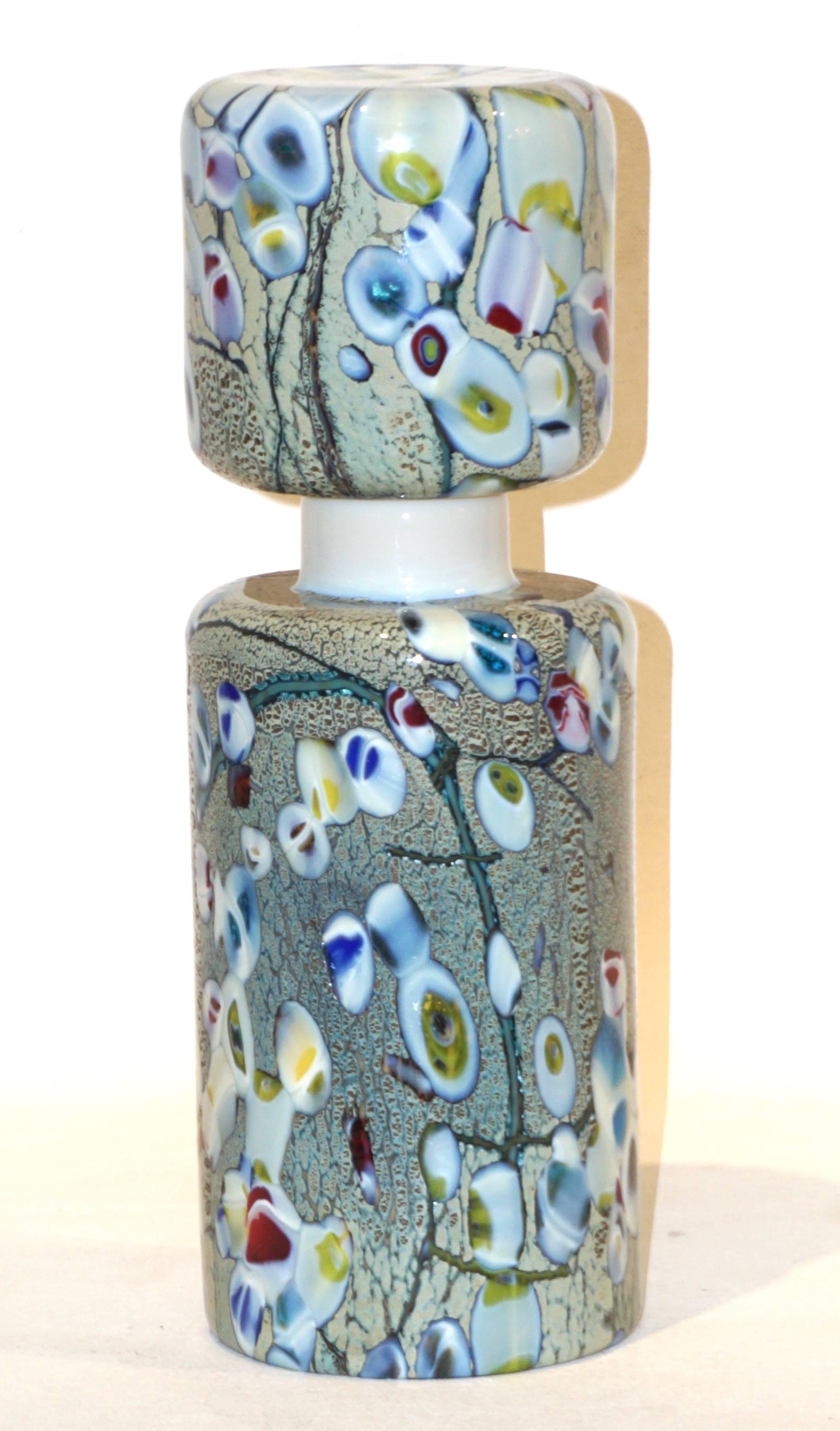 1980s Pair of Pino Signoretto Silver Green Blue Yellow Red Murano Glass Bottles 7