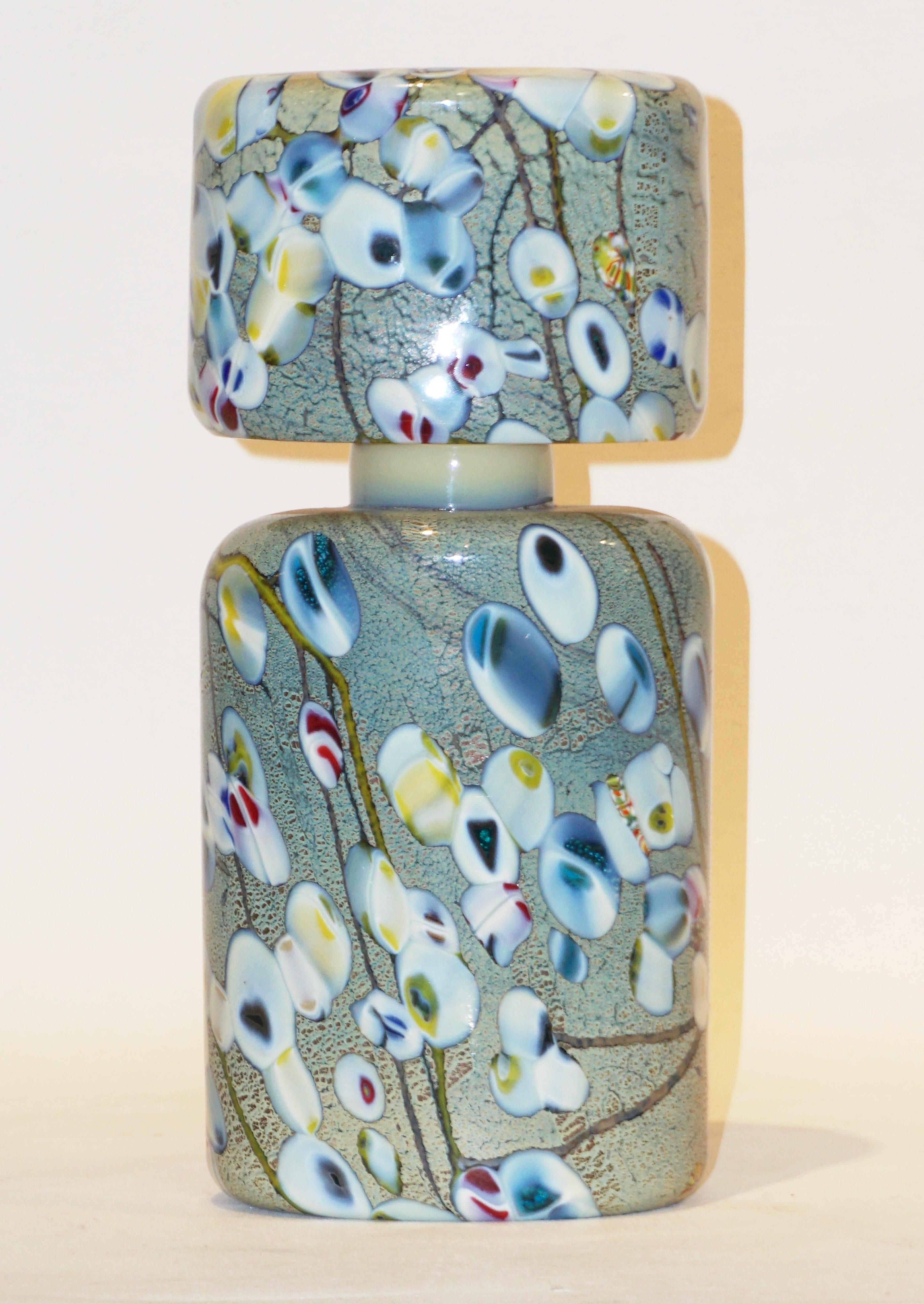 1980s Pair of Pino Signoretto Silver Green Blue Yellow Red Murano Glass Bottles In Excellent Condition In New York, NY