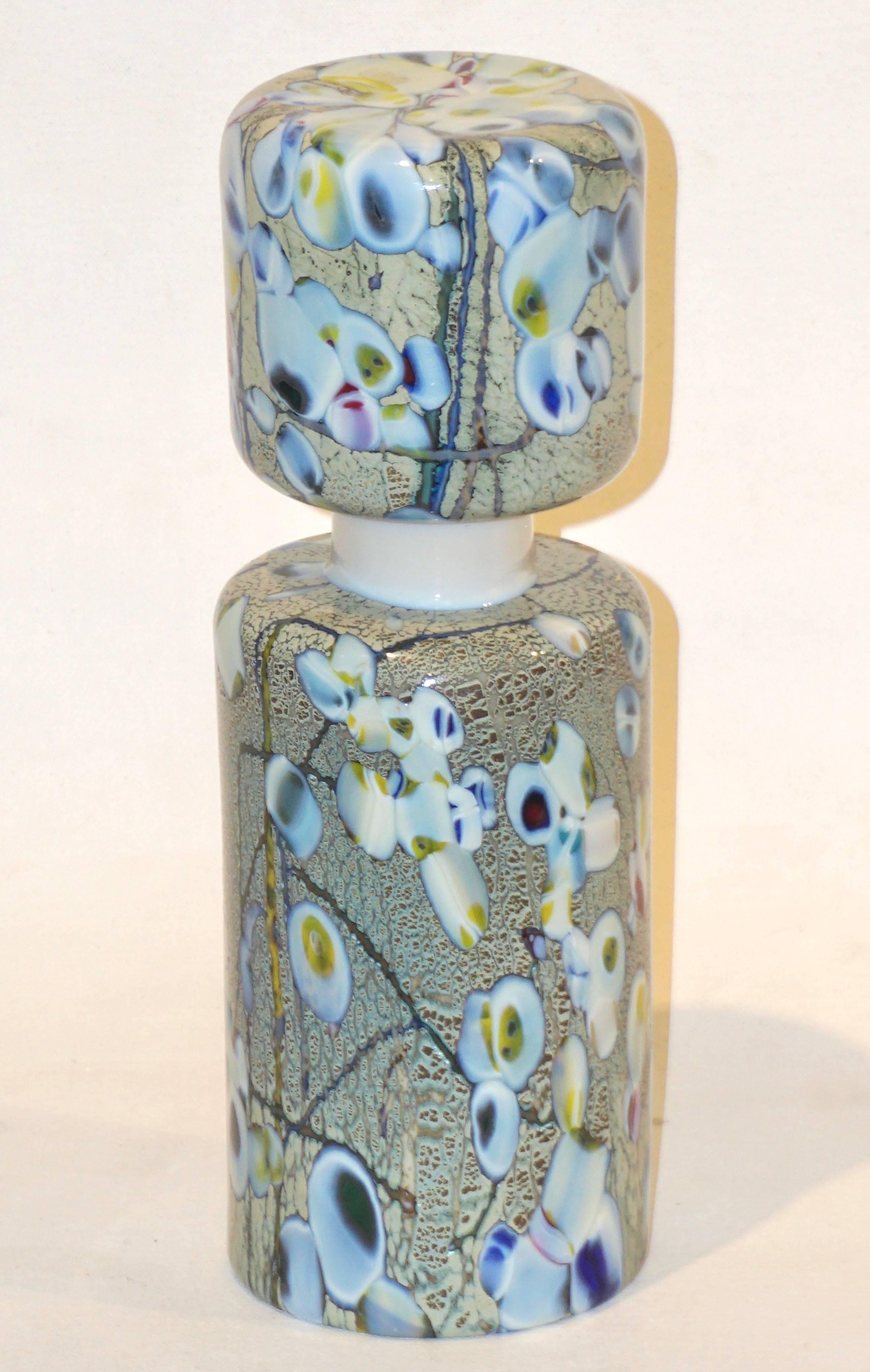 1980s Pair of Pino Signoretto Silver Green Blue Yellow Red Murano Glass Bottles 1