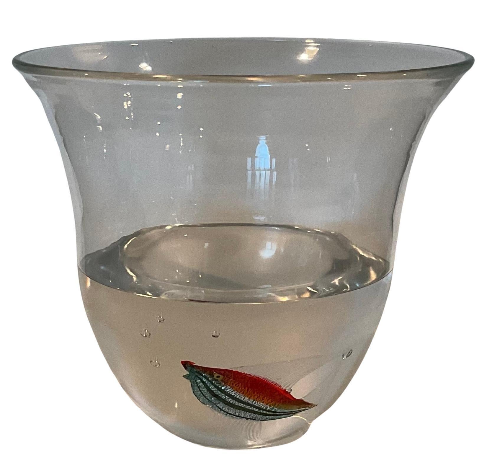 Pino Signoretto Murano Art Glass Aquarium Vase signed by the artist dated 1985. The fish is emerged in the water which is also solid glass. 