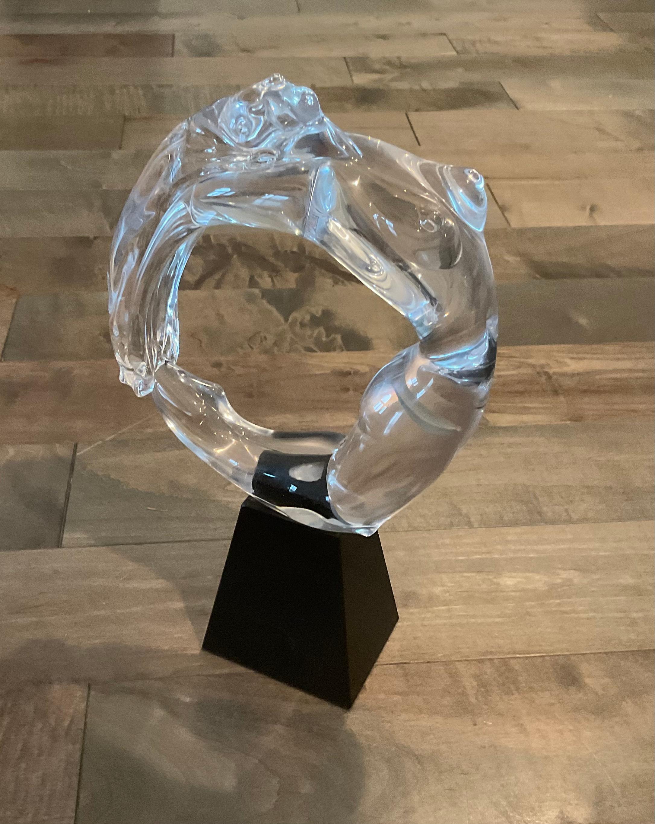 Pino Signoretto Murano Art Glass Nude Sculpture Signed by the Artist As shown. Very complicated nude sculpted into a circle applied to a black glass base.