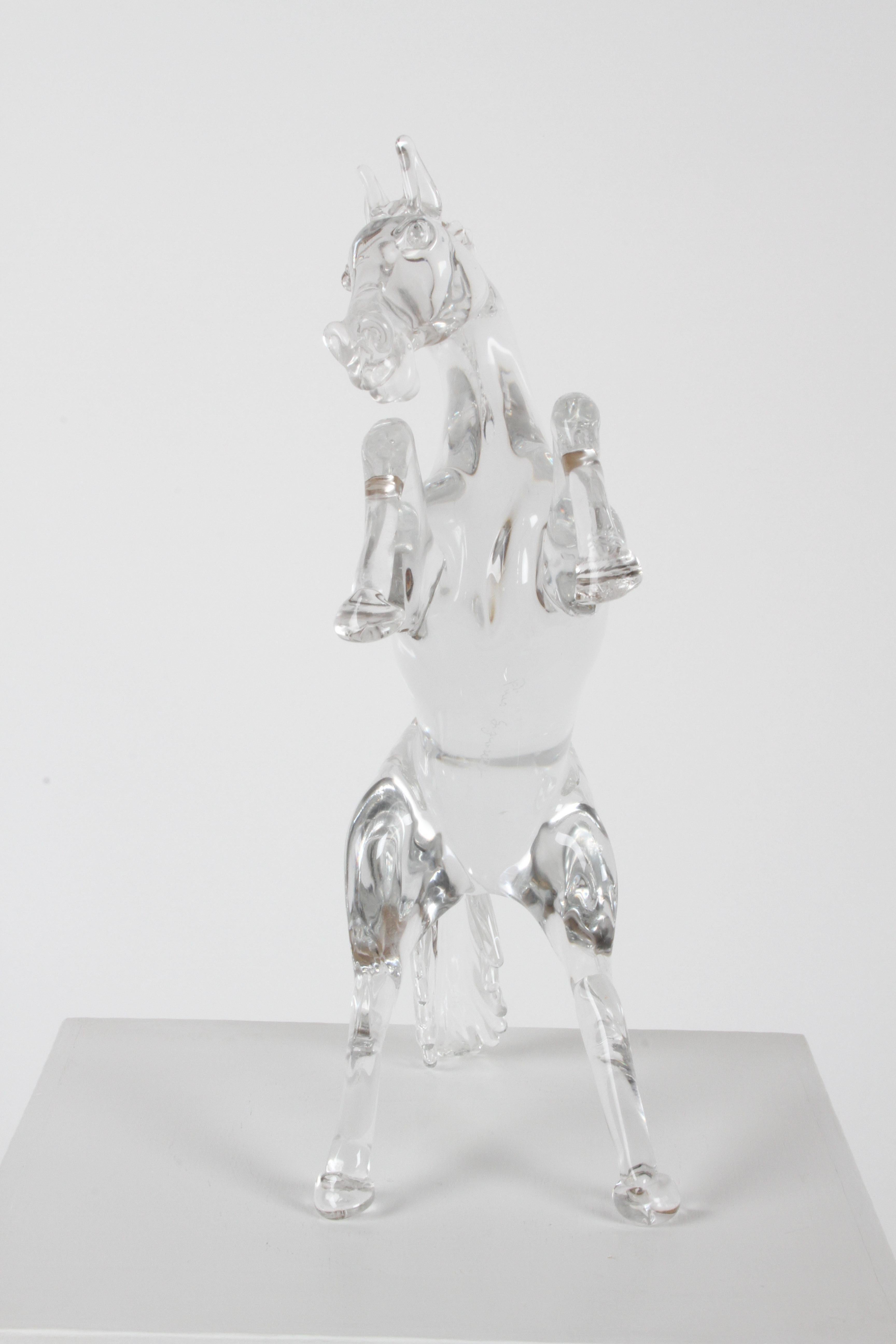 Mid-Century Modern Pino Signoretto Signed Clear Murano Italian Glass Reared Up Horse Sculpture