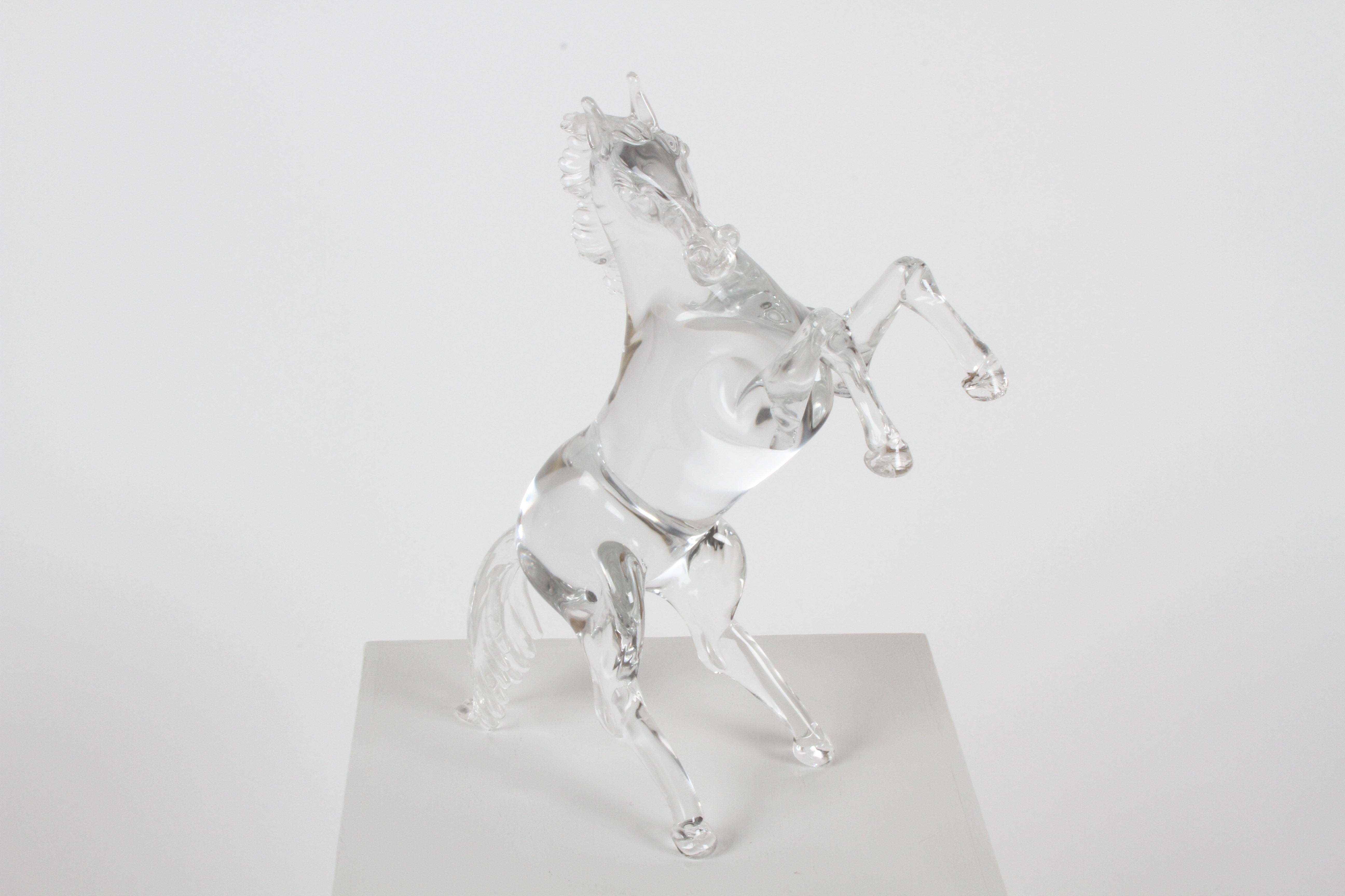 Late 20th Century Pino Signoretto Signed Clear Murano Italian Glass Reared Up Horse Sculpture
