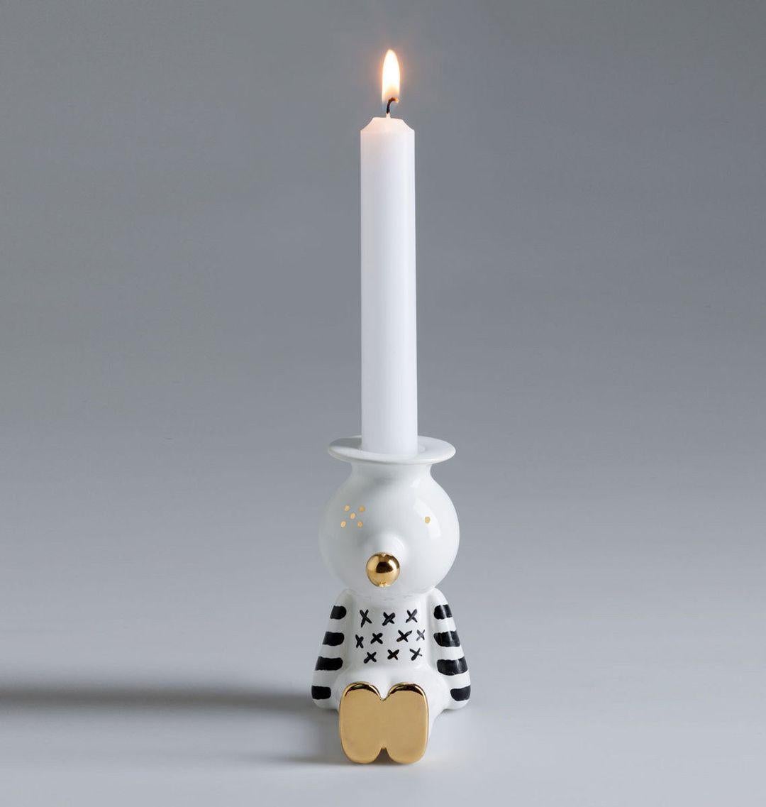 Italian Pinocchietto Candleholder White Black and Gold by Bosa
