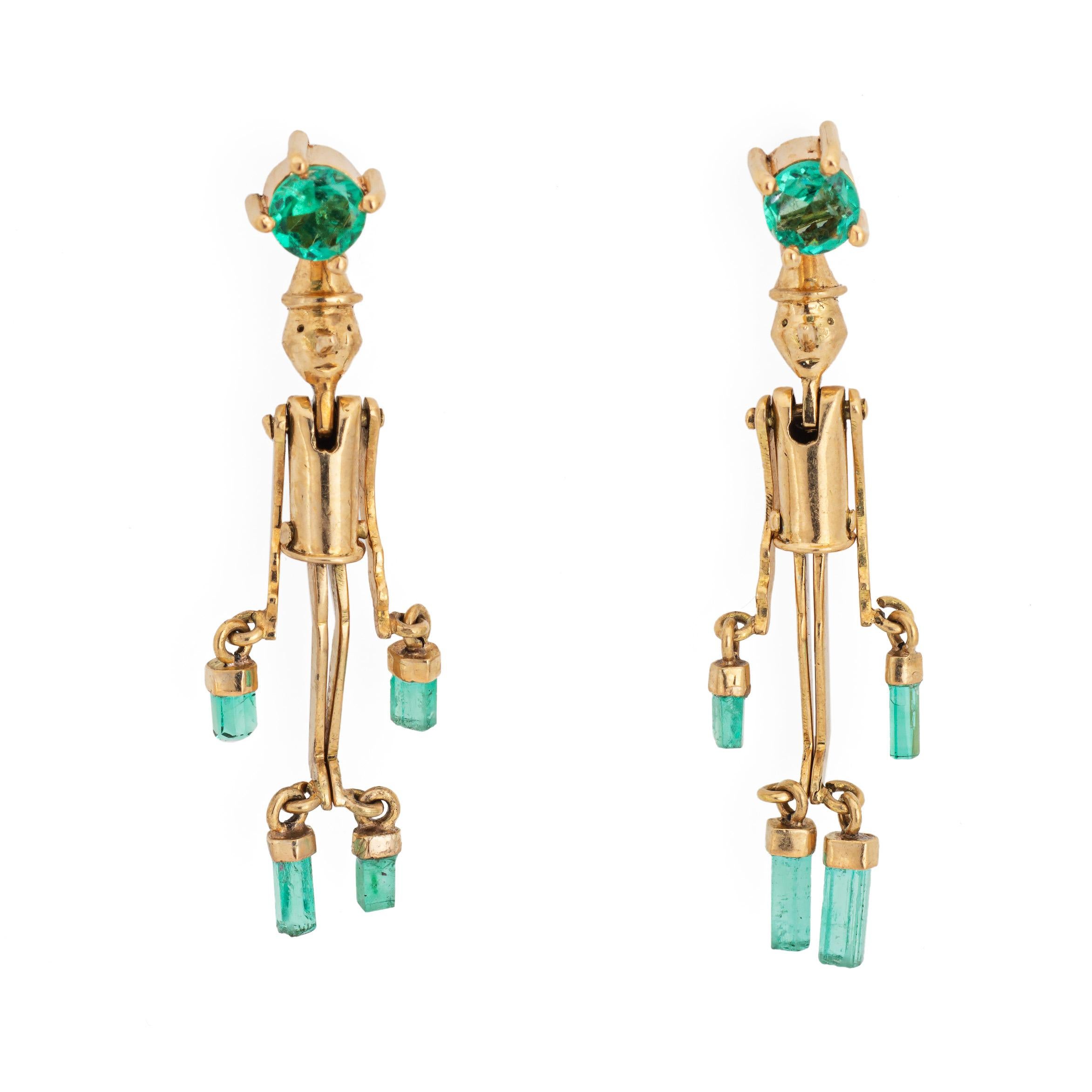 Round Cut Pinocchio Emerald Earrings Articulated 18k Yellow Gold 1.25