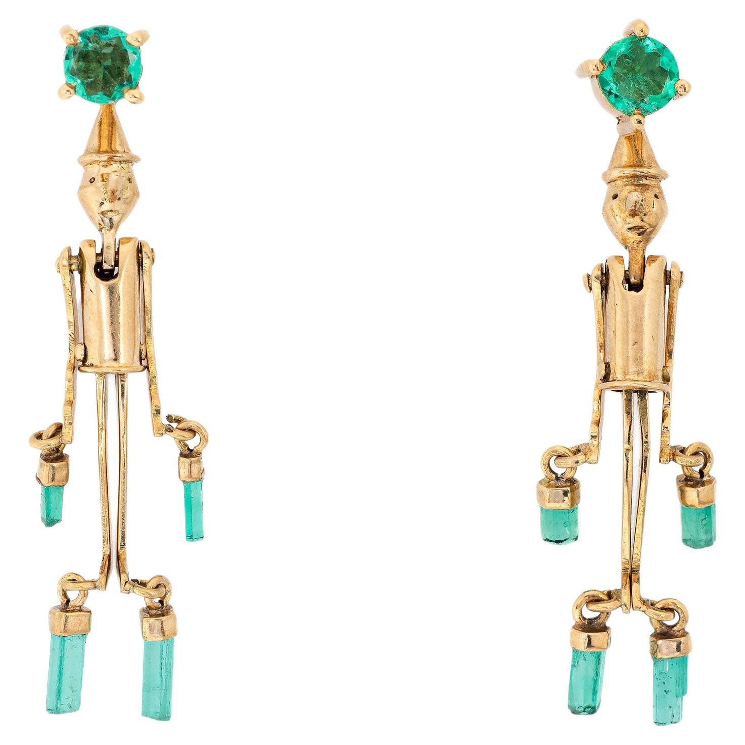 Pinocchio Emerald Earrings Articulated 18k Yellow Gold Vintage Jewelry