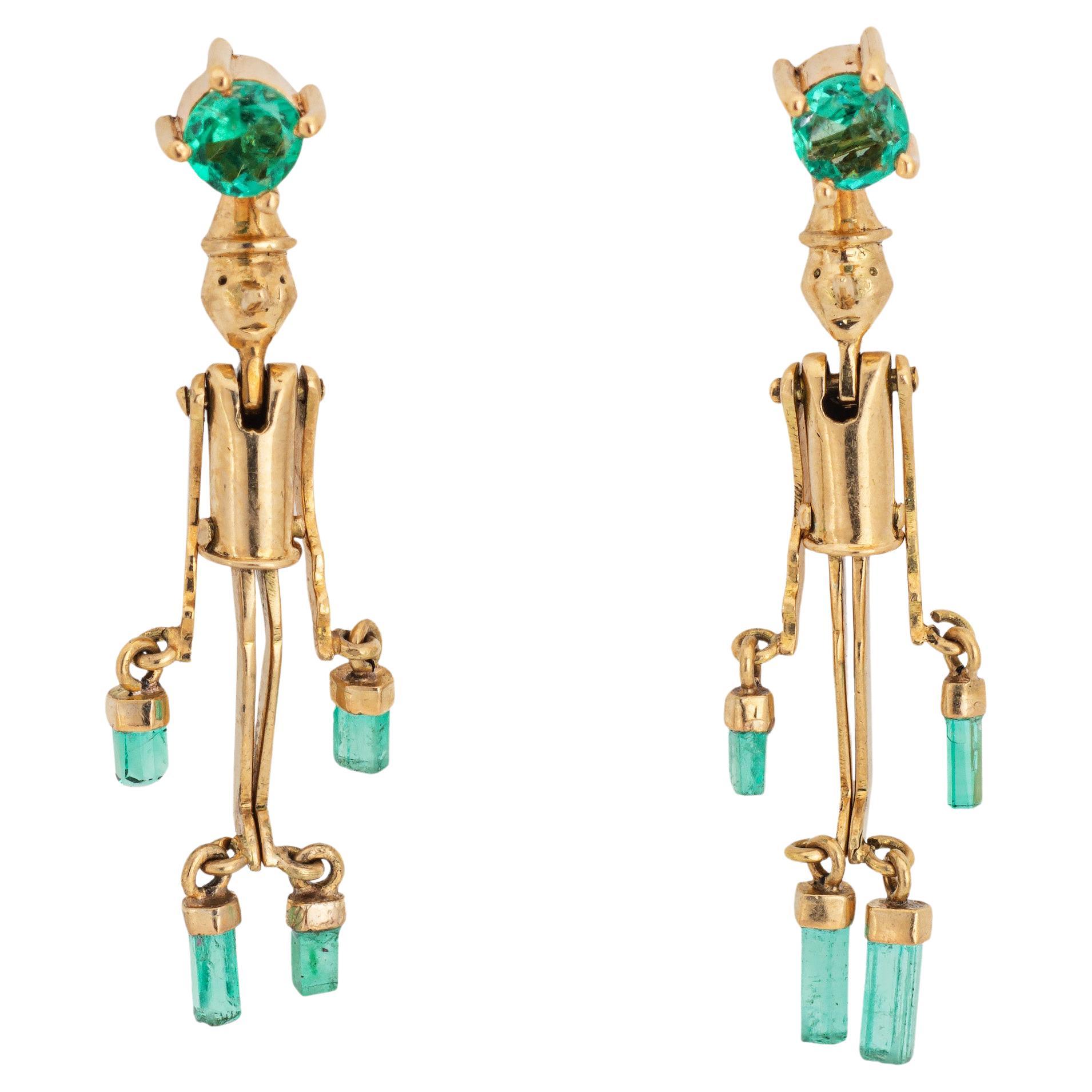 Pinocchio Emerald Earrings Articulated 18k Yellow Gold 1.25" Vintage Jewelry For Sale