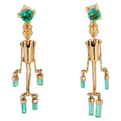 Pinocchio Emerald Earrings Articulated 18k Yellow Gold 1.25" Retro Jewelry