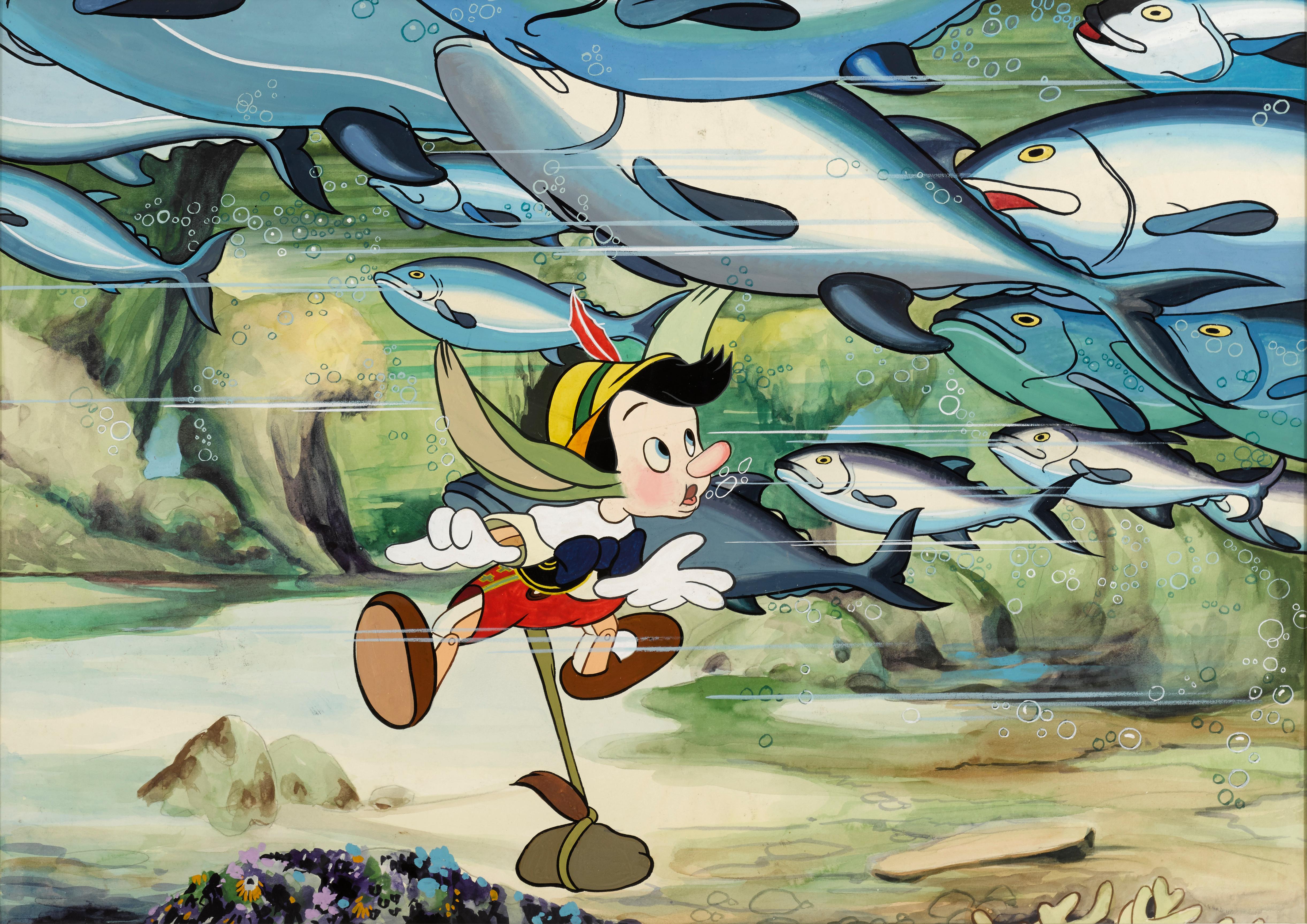 Original artwork used to create the British front of house stills. Gouache on artboard.
This original artwork features the films scene where Pinocchio is under the sea.
Exceptionally rare. Original artworks rarely surface, as the majority were