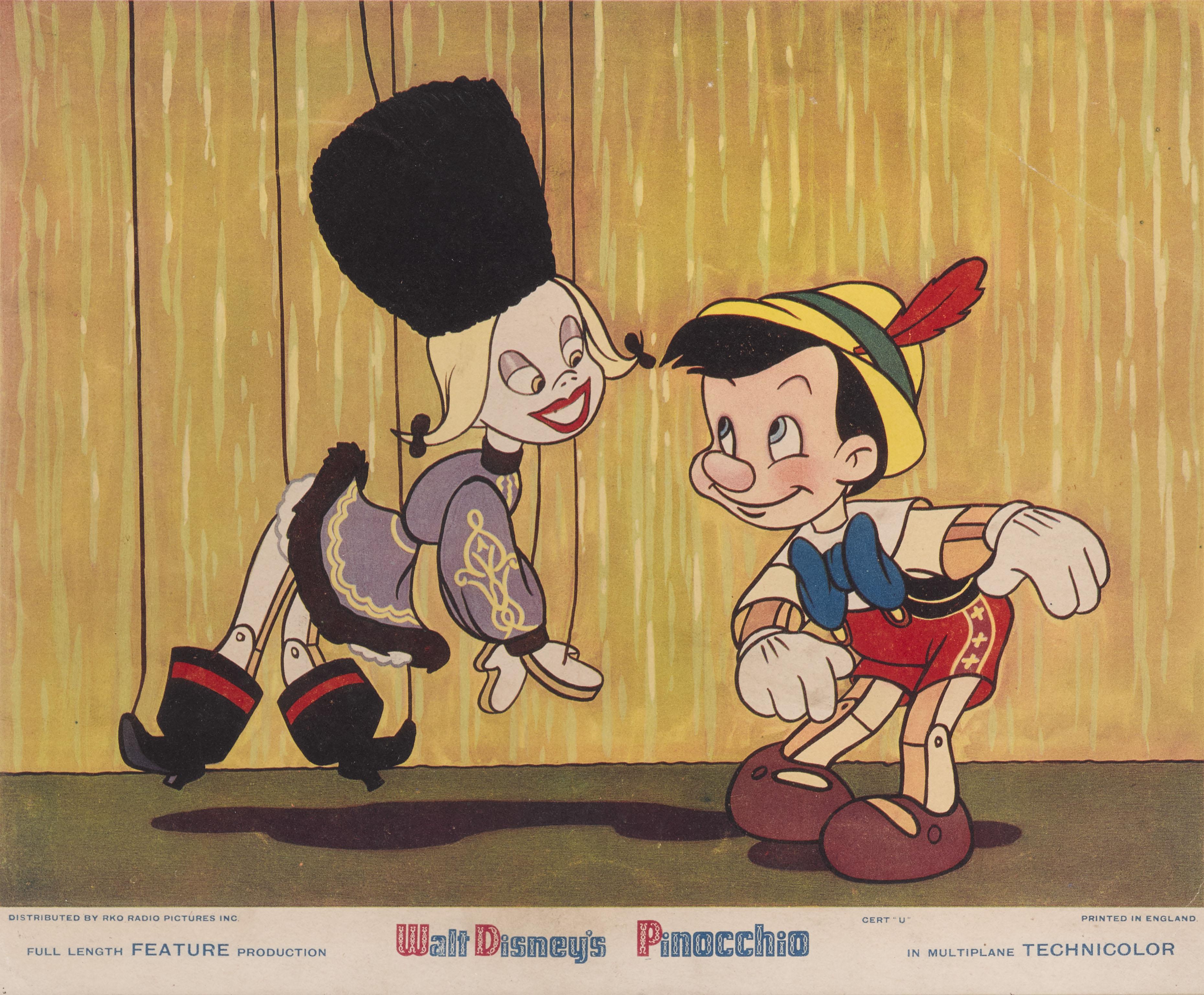 Original British front of house card used inside the foyer of the cinema.
The artwork features the films scene where pinocchio takes his first steps.
Walt Disney's second animated feature film was made after the success of Snow White and the Seven