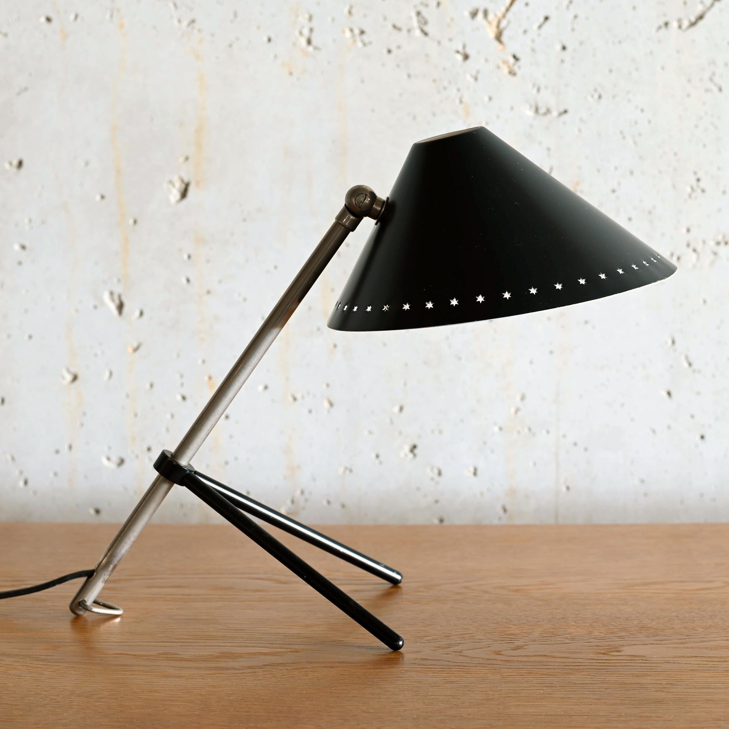Elegant table or wall lamps for Dutch lighting company Hala. Tripod base adjustable in height and angle. Minimalistic, beautiful and well thought out designed lamp in very good vintage condition. The shade has been lightly restored / refinished. The