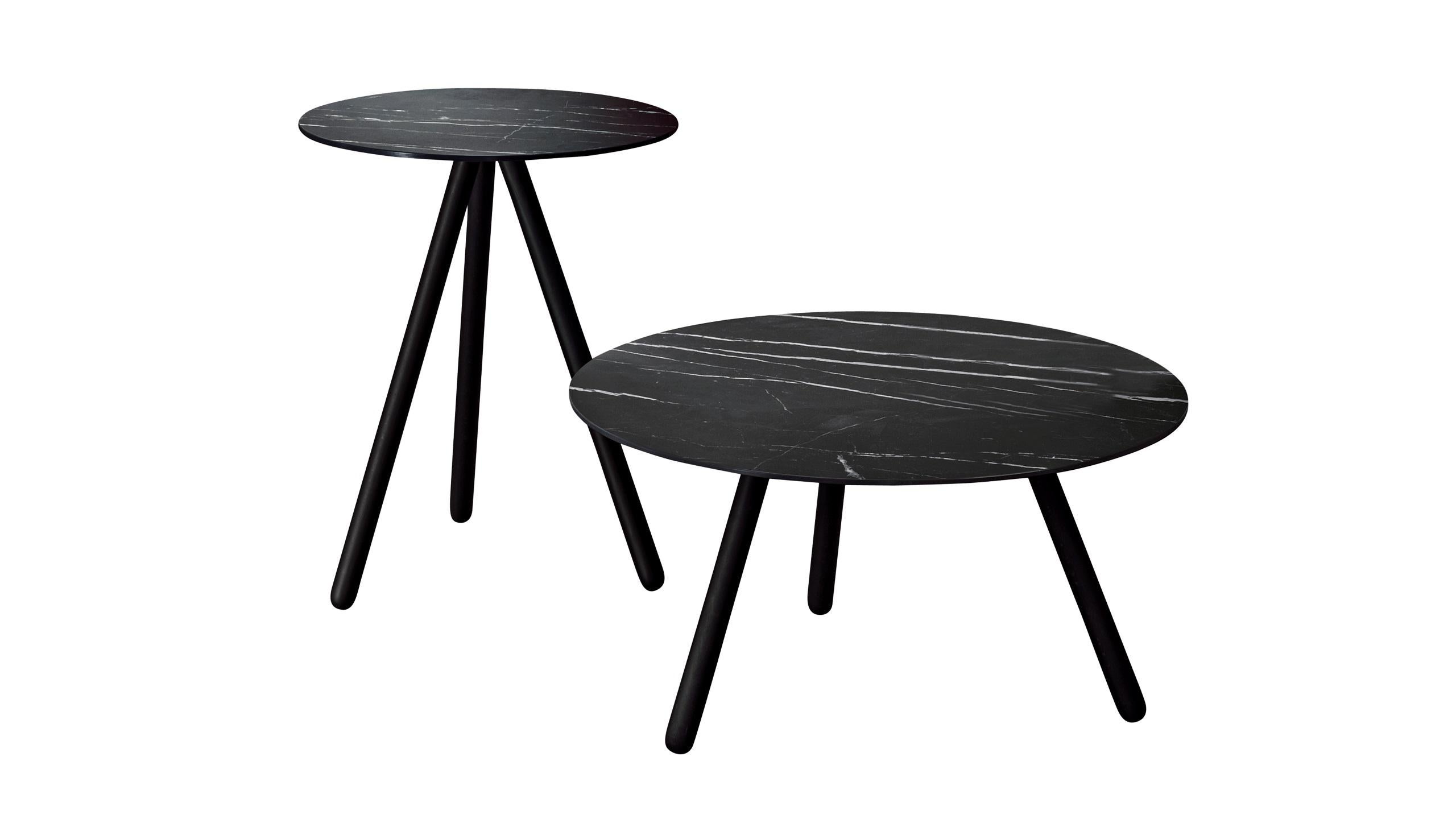 Pinocchio low coffee and side-table set, with turned metal top, varnished white, black, silk grey, dusty grey, intense blue or bronzè. Legs in solid beech wood, available in natural finish, stained black or intense blue. Here you are shown the