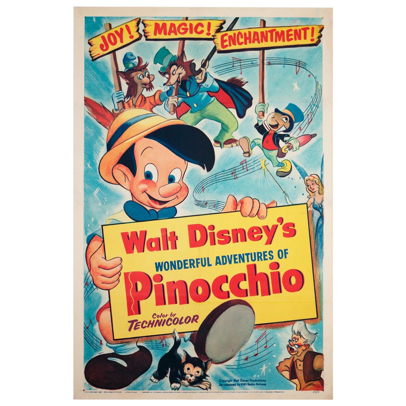 Pinocchio R1954 US 1 Sheet Film Movie Poster, Linen Backed