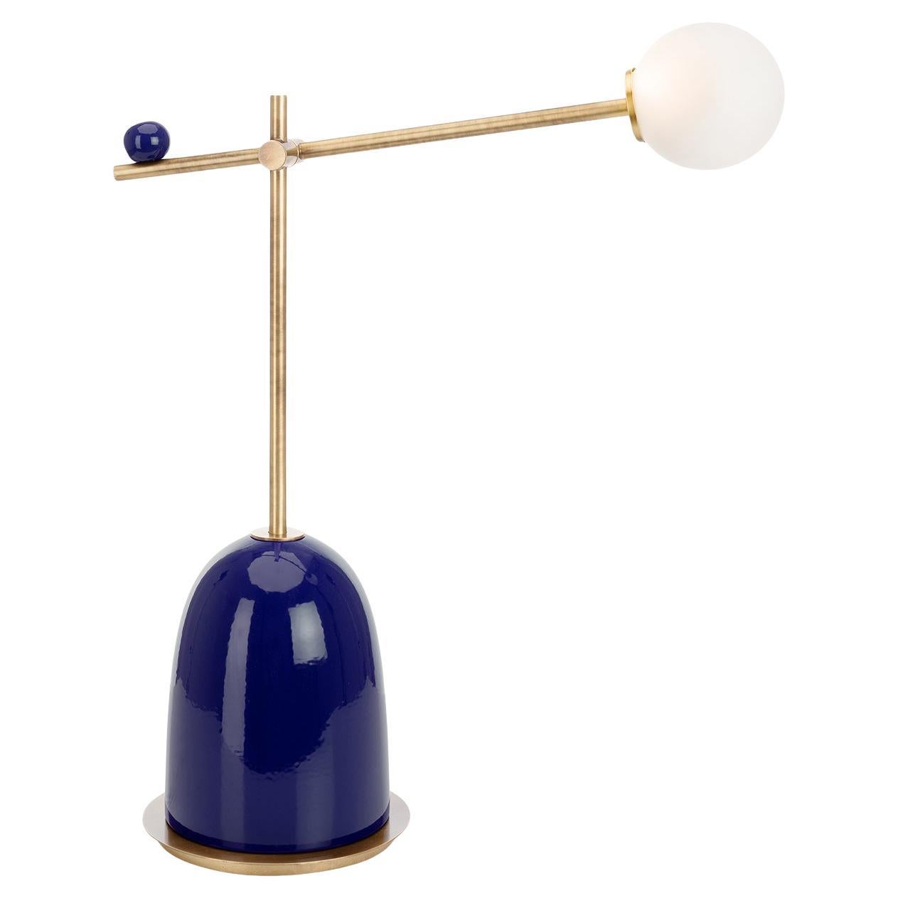 Pins Blue Ceramic Table Lamp with Adjustable Arm For Sale