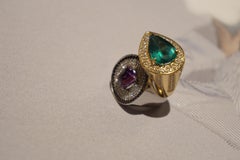 Pinstripe Pear Shape 5.4 ct Emerald Solitaire and Pave Diamonds Yellow Gold