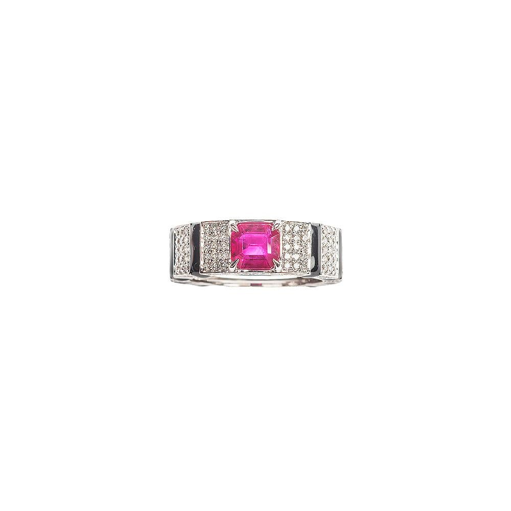 Highly coveted octagon shaped Burma Ruby solitaire set in a pinstripe pattern with brilliant cut diamonds and black enamel. With its bold and sturdy feel, this collection symbolizes strength and power. This statement ring looks great worn solo as an