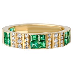 Pinstripe Strength Diamond Cigar Band Skinny Ring with Emerald Inlay