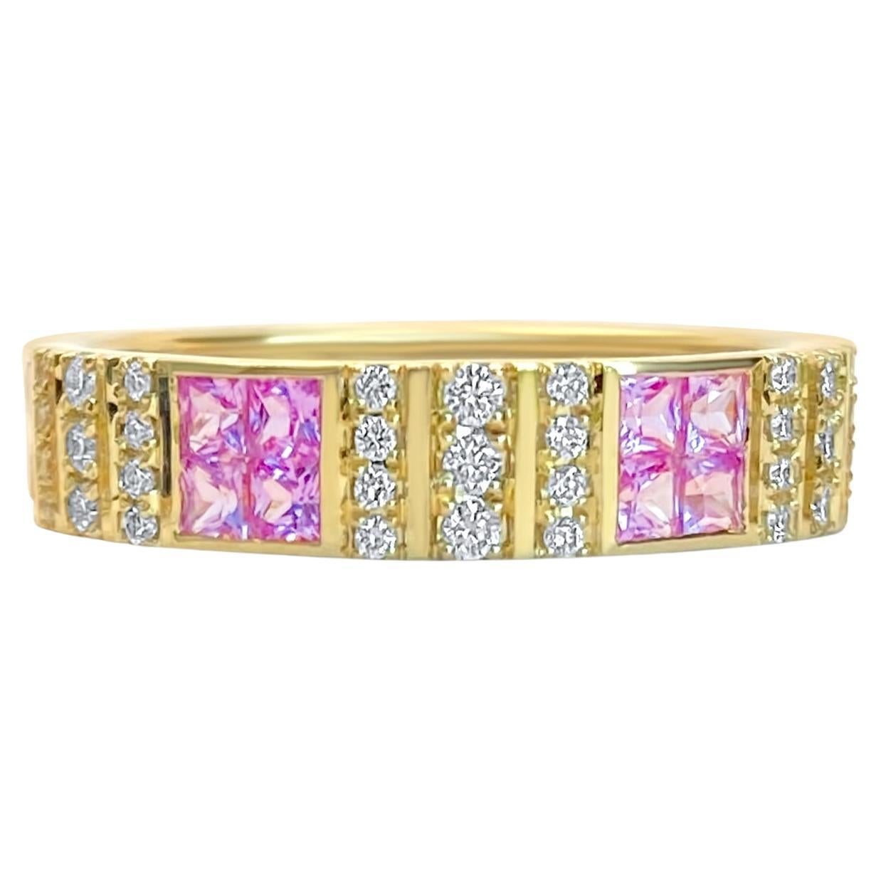Pinstripe Strength Diamond Cigar Band Skinny Ring with Pink Sapphire Inlay For Sale