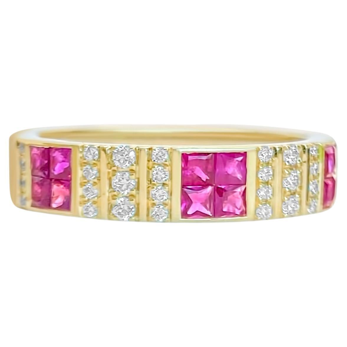 Pinstripe Strength Diamond Cigar Band Skinny Ring with Ruby Inlay For Sale