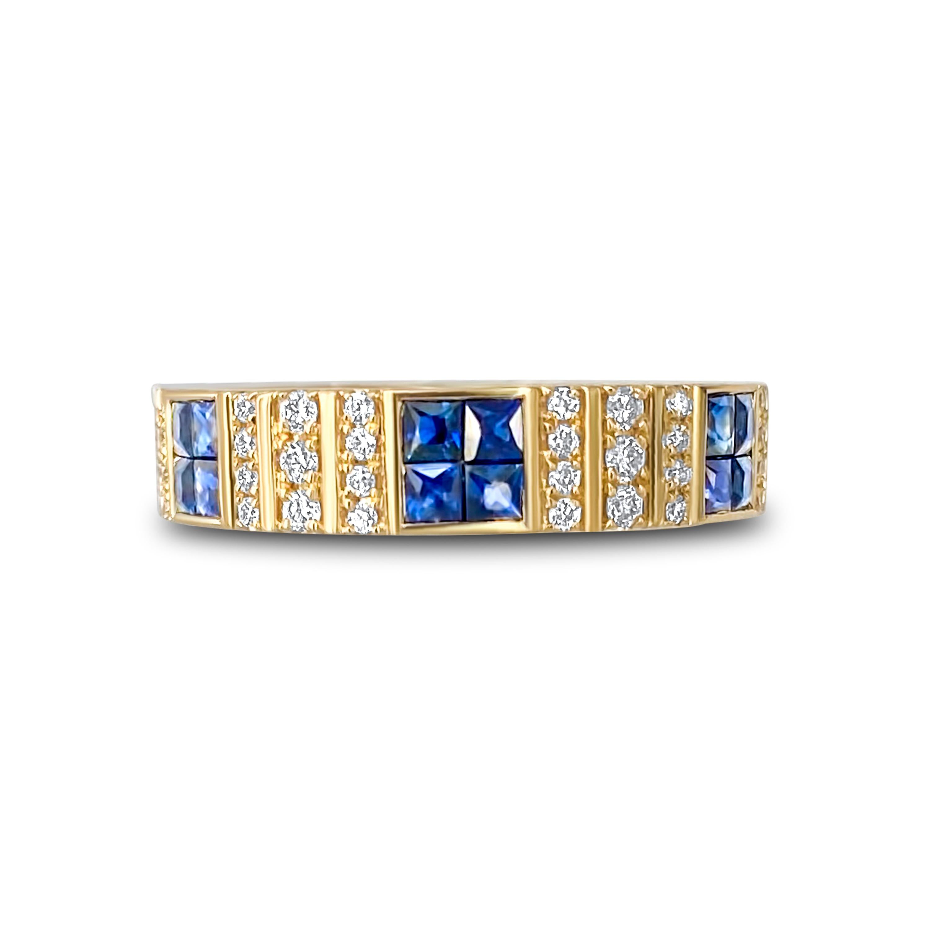 Pinstripe Strength Diamond Cigar Band Skinny Ring with Sapphire Inlay For Sale 2