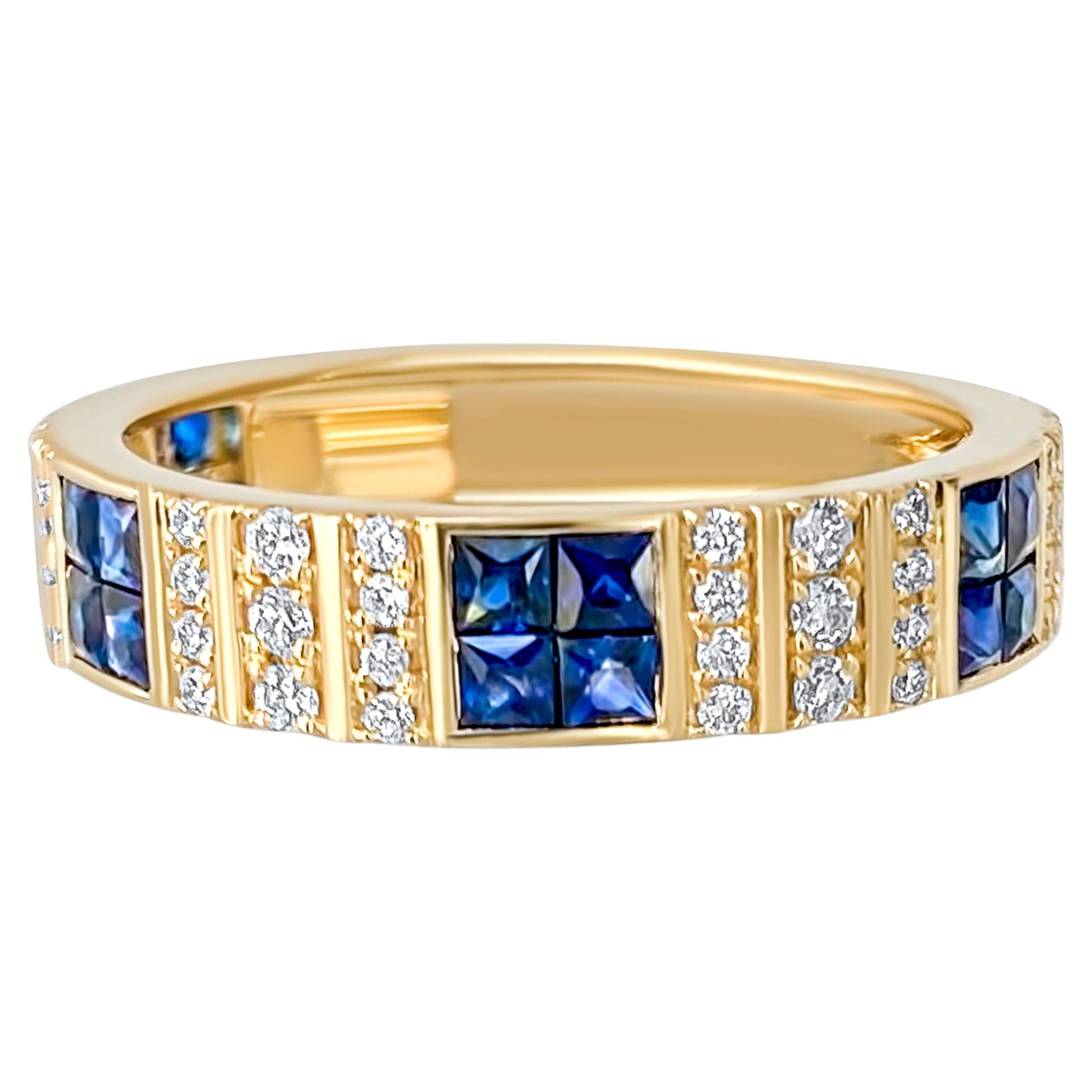 Pinstripe Strength Diamond Cigar Band Skinny Ring with Sapphire Inlay For Sale