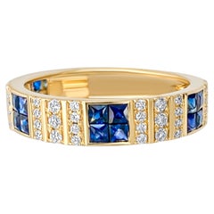 Pinstripe Strength Diamond Cigar Band Skinny Ring with Sapphire Inlay