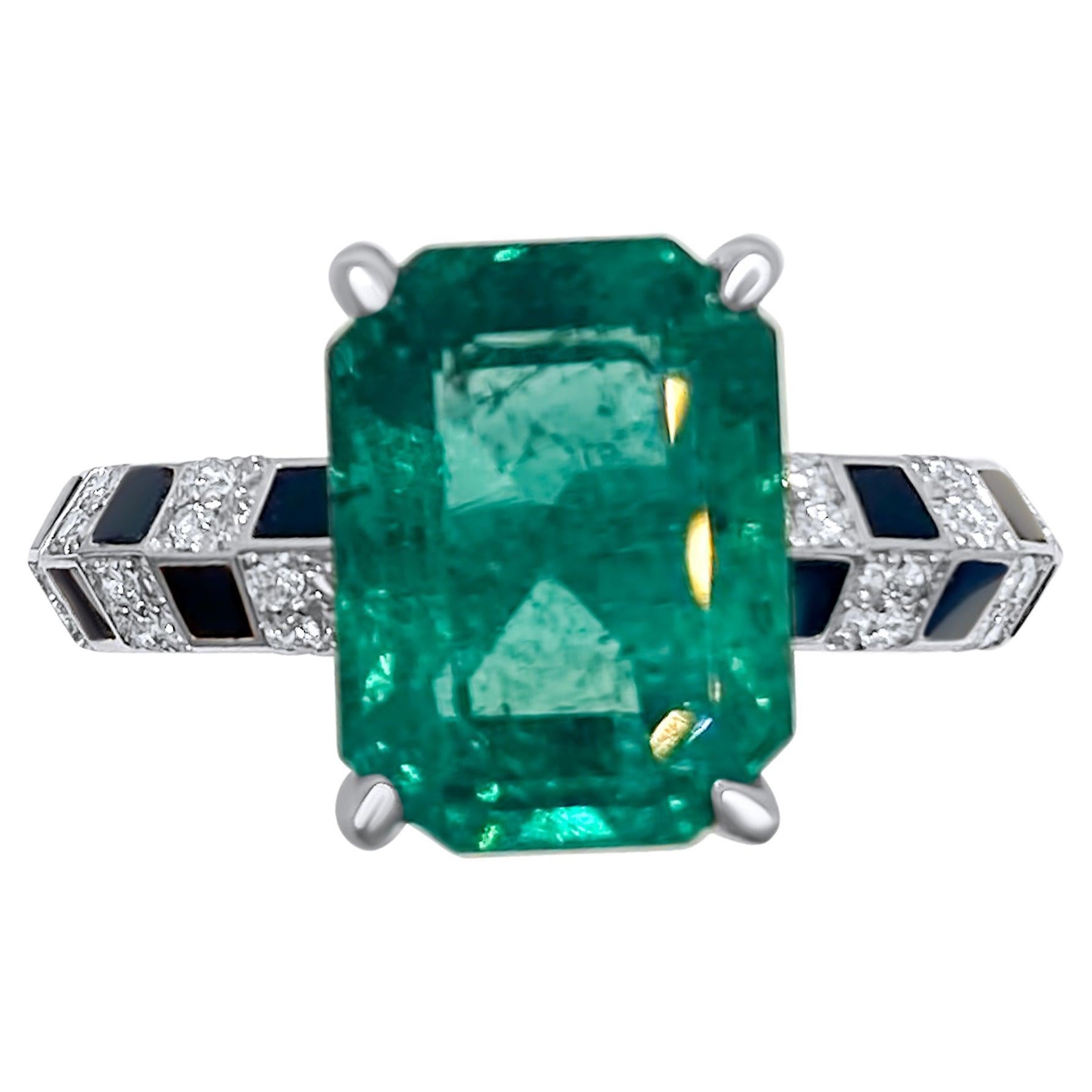 Pinstripe Strength Emerald(3.74ct)  Knifedge Diamond & Enamel Ring One of a Kind