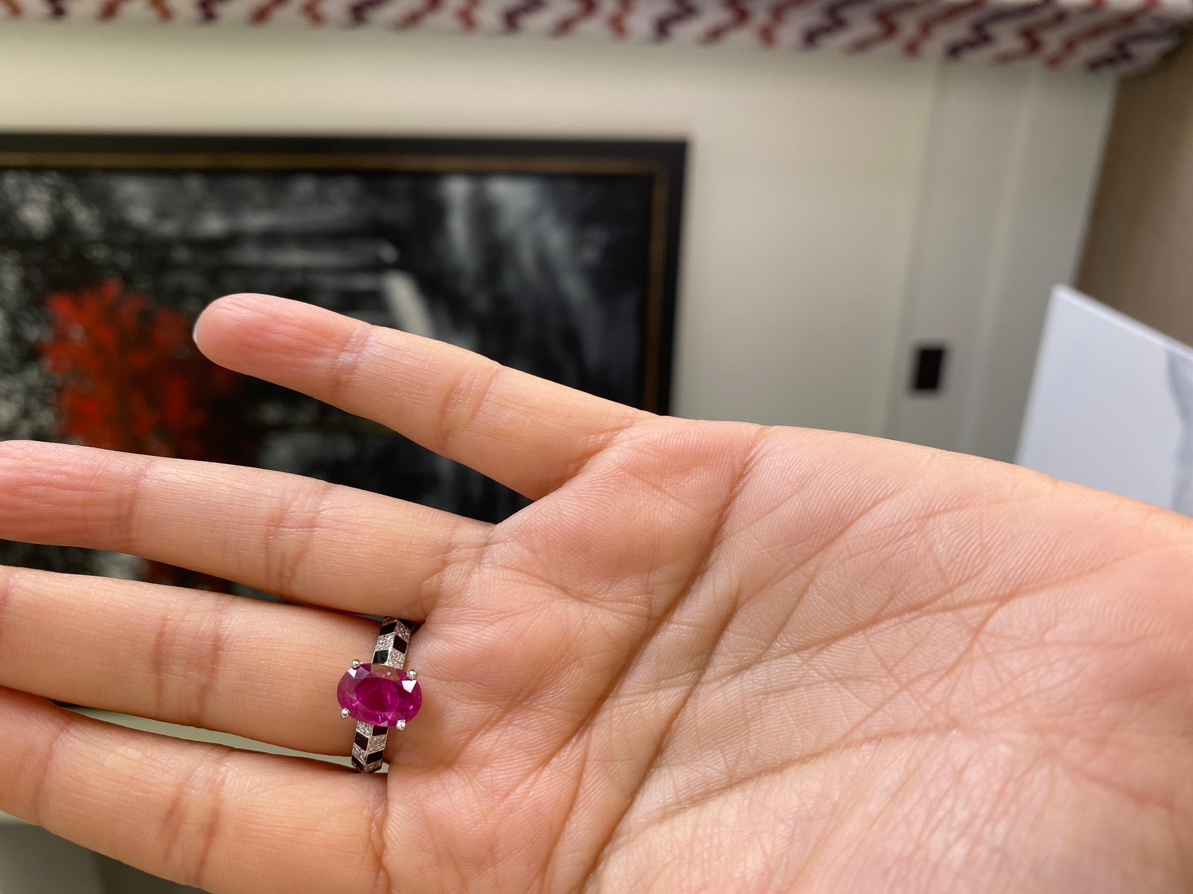 Oval Cut Pinstripe Strength Ruby Oval Knifedge Diamond and Black Enamel Ring For Sale