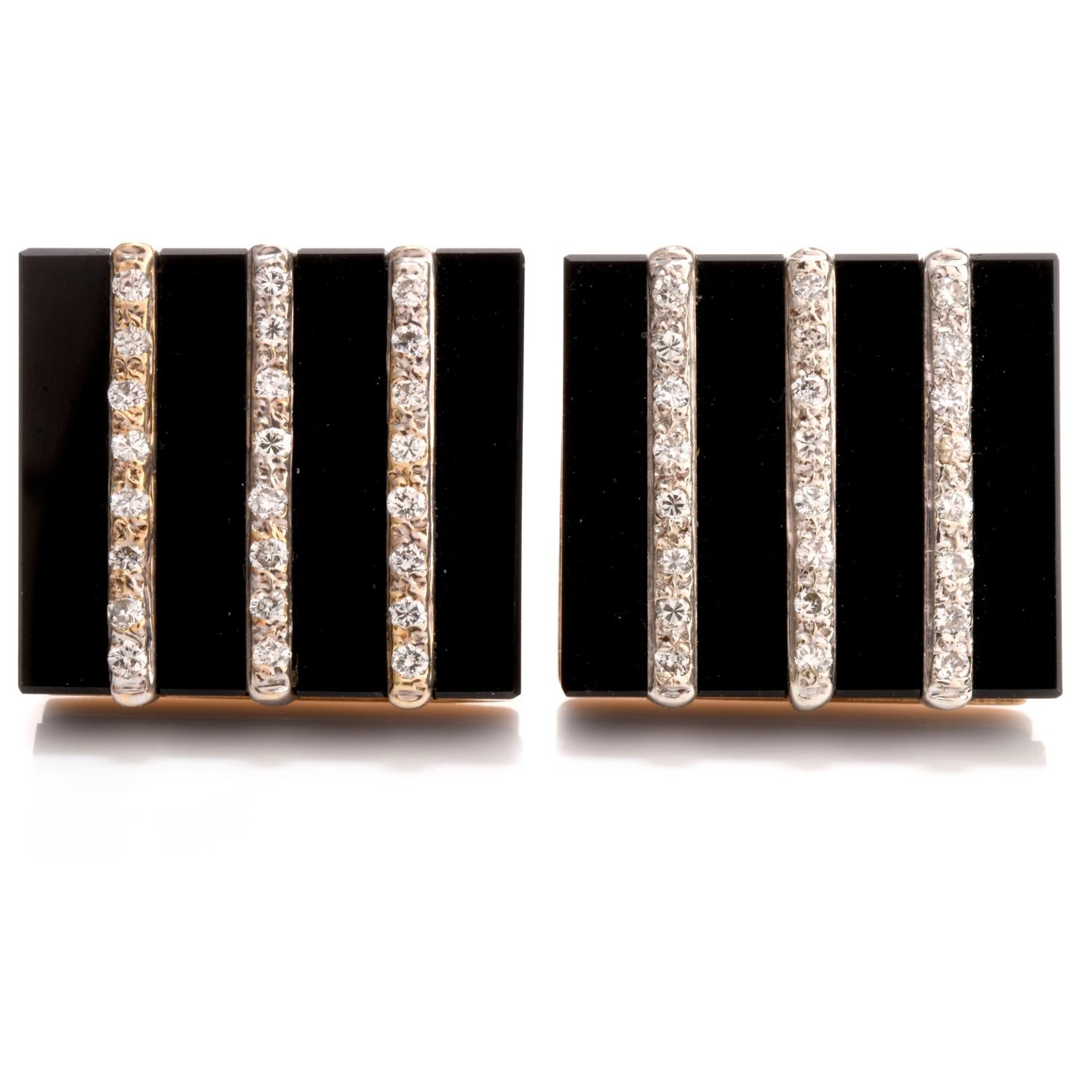 Create a fashion statement as you finish off the look with these

Diamond and Black Onyx Stud and Cufflink Set.

A thick sheet of Black Onyx lays parallels the arms and chest with pinstripes

of white diamonds prong set throughout.

Diamonds weigh