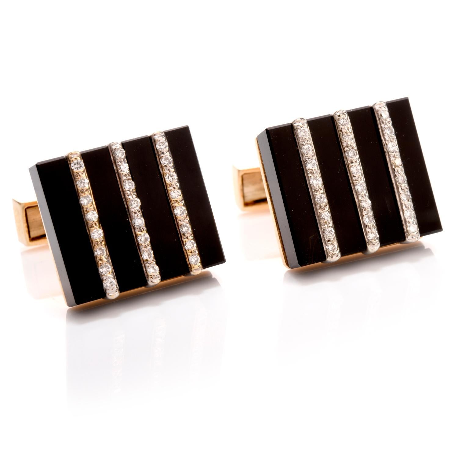 Pinstriped Diamond and Onyx Tuxedo Stud and Cufflink Set In Excellent Condition In Miami, FL