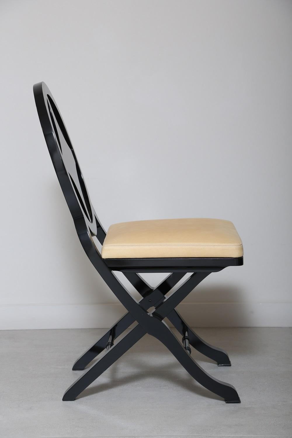 French Pinto Paris Madeira Folding Chair Black with Tan Cushion, Made in France For Sale